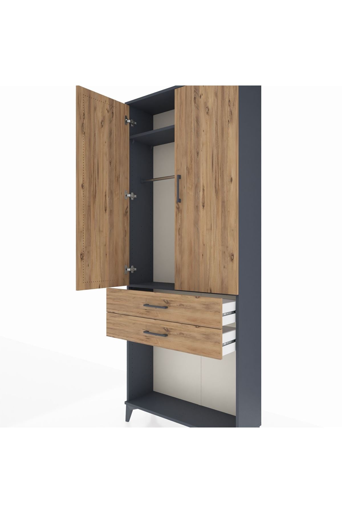 Arges Dolap 2 Raflı 2 Çekmeceli Tek Askılı 88x30x221 Antrasit-Çam