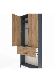 Arges Dolap 2 Raflı 2 Çekmeceli Tek Askılı 88x30x221 Antrasit-Çam