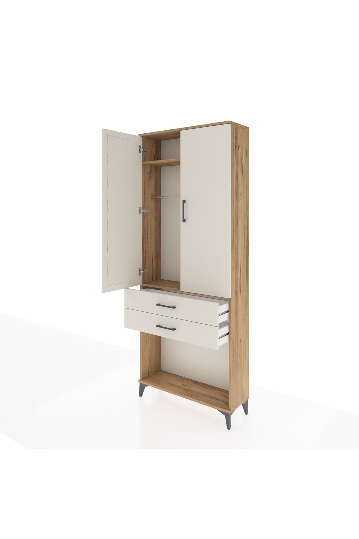 Arges Dolap 2 Raflı 2 Çekmeceli Tek Askılı 88x30x221 Çam-Aytaşı