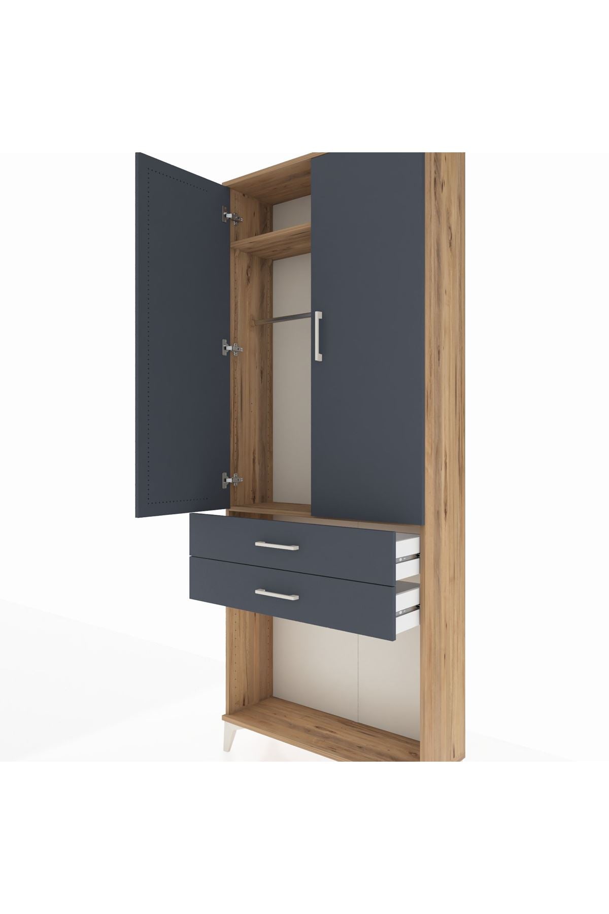 Arges Dolap 2 Raflı 2 Çekmeceli Tek Askılı 88x30x221 Çam-Antrasit