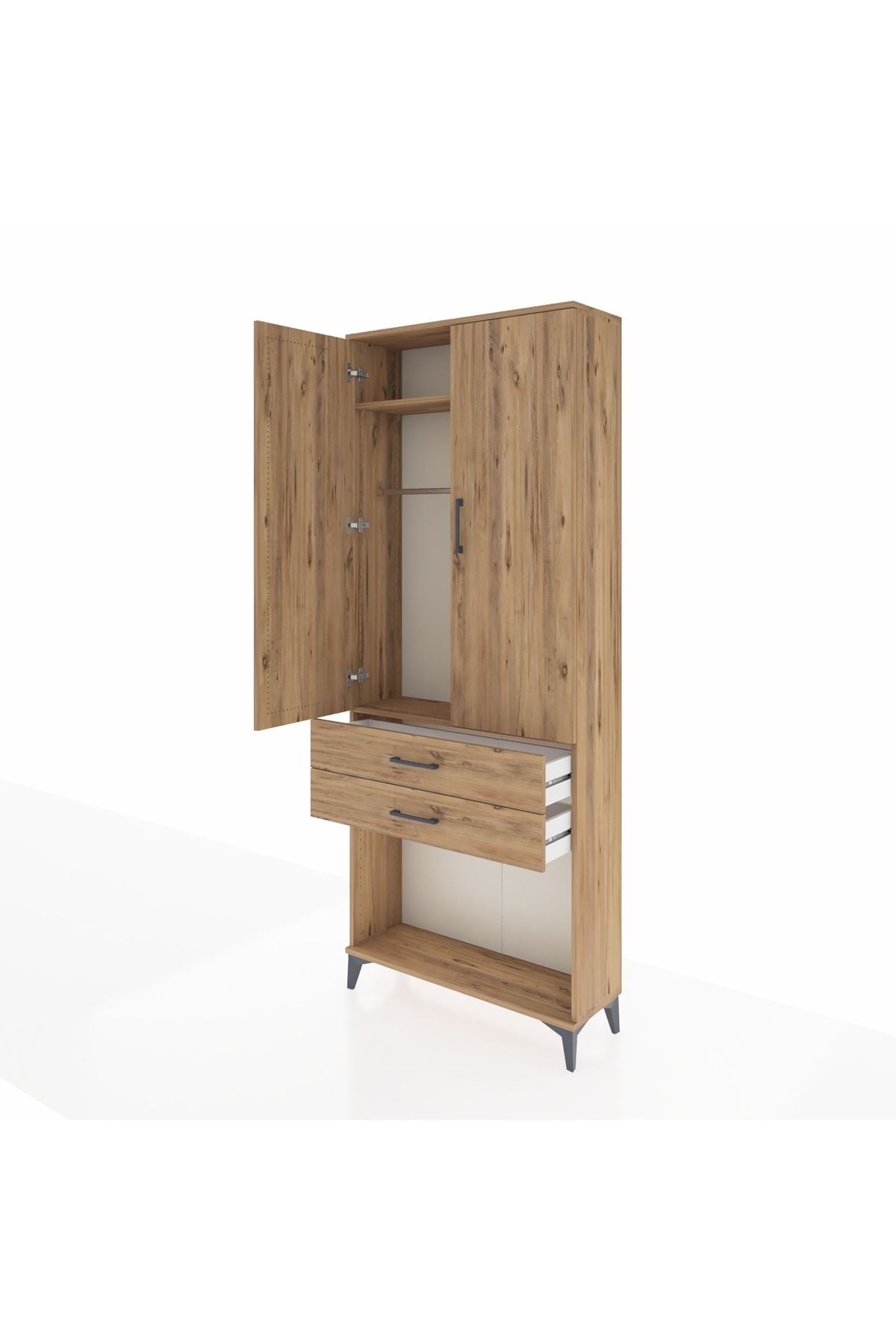 Arges Dolap 2 Raflı 2 Çekmeceli Tek Askılı 88x30x221 Çam-Çam