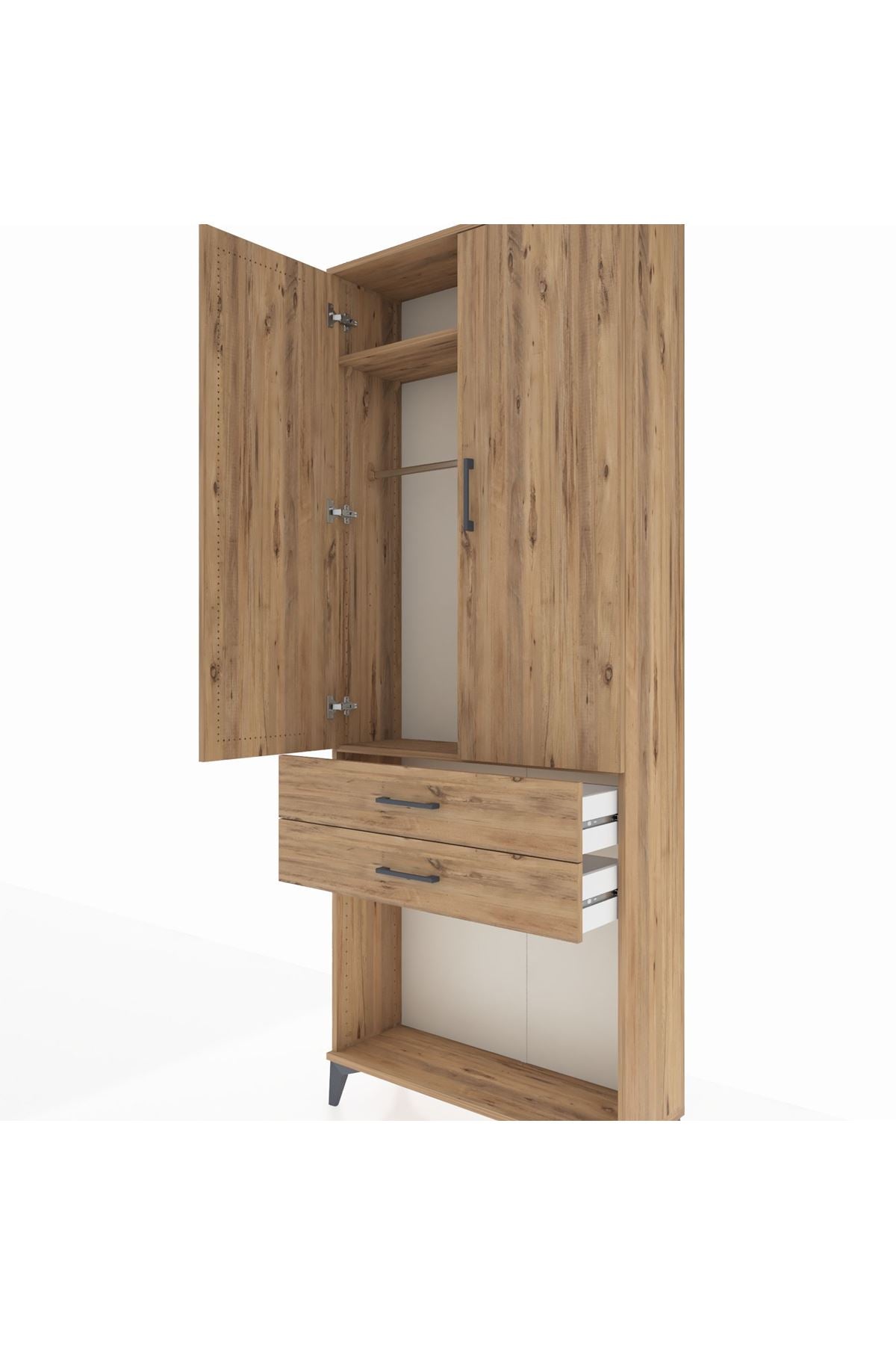 Arges Dolap 2 Raflı 2 Çekmeceli Tek Askılı 88x30x221 Çam-Çam