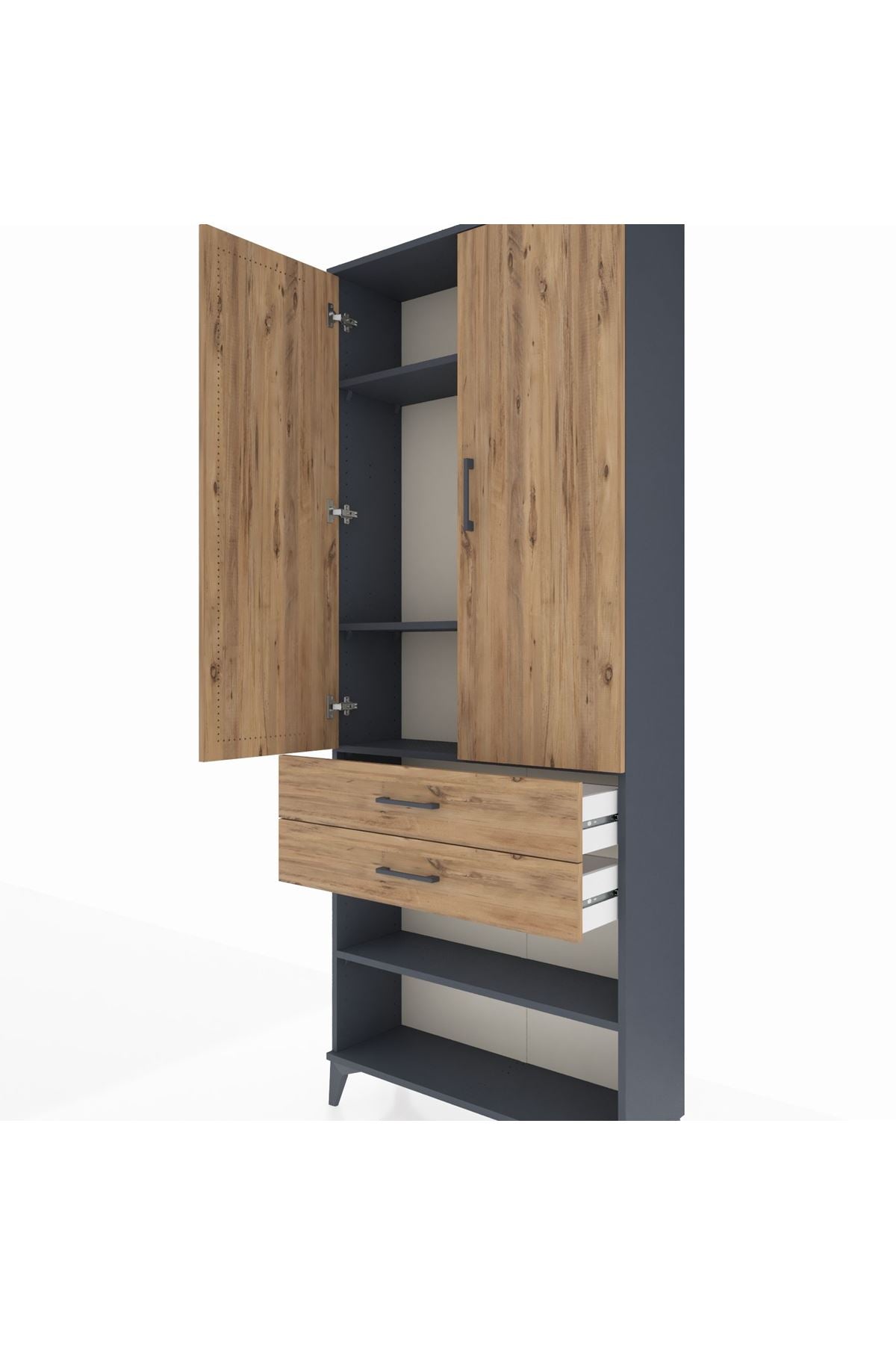 Arges Dolap 4 Raflı 2 Çekmeceli 2 Kapaklı 88x30x221 Antrasit-Çam