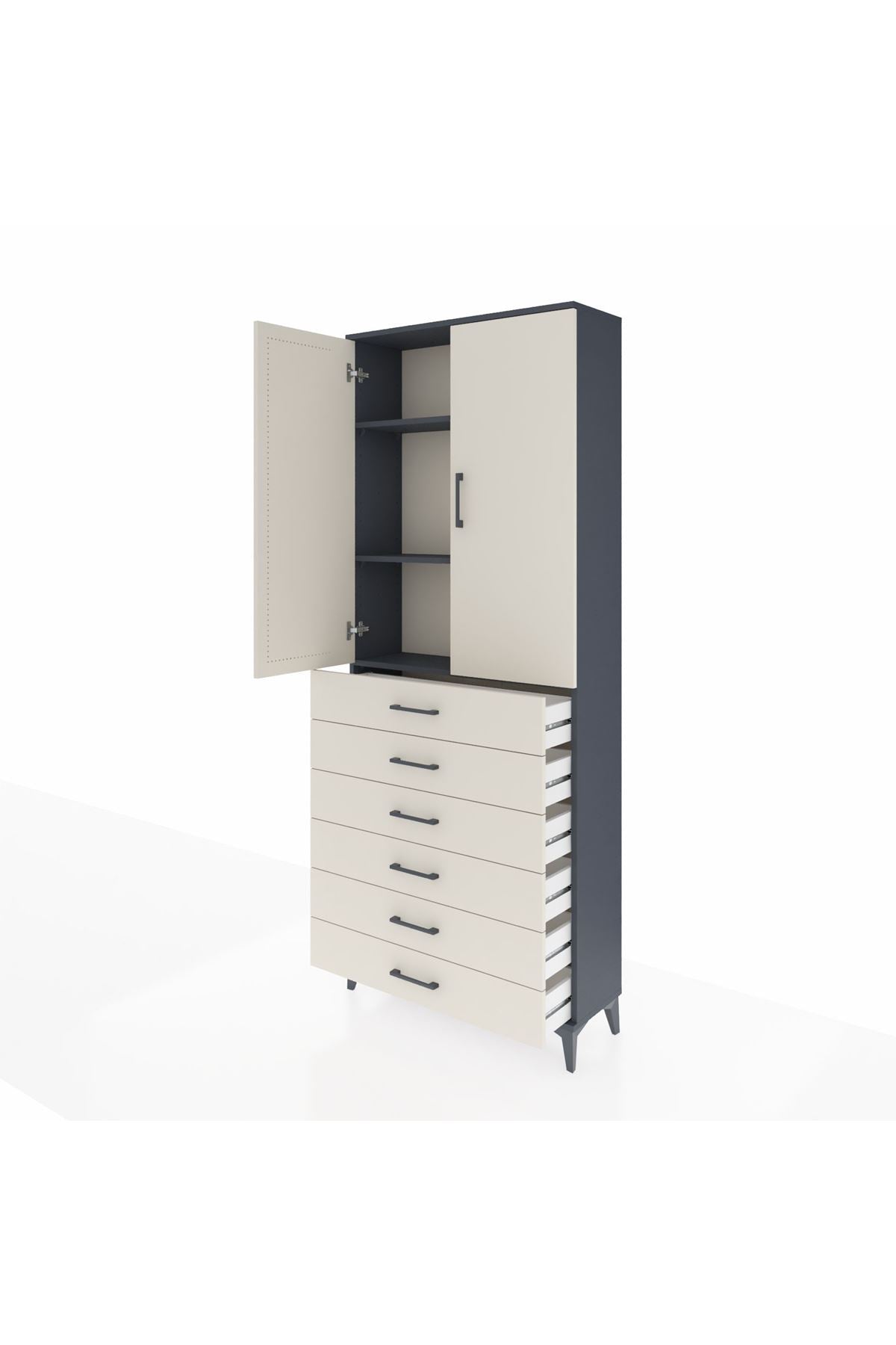 Arges Dolap 3 Raflı 6 Çekmeceli 2 Kapaklı 88x30x221 Antrasit-Aytaşı