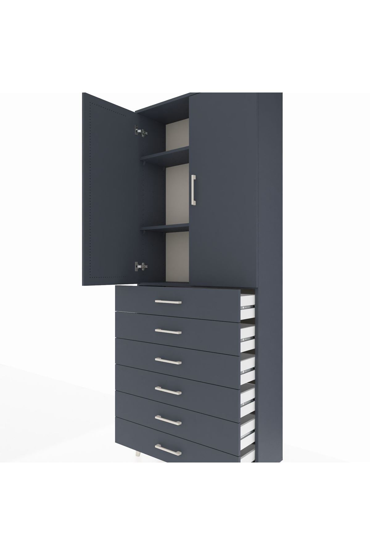 Arges Dolap 3 Raflı 6 Çekmeceli 2 Kapaklı 88x30x221 Antrasit-Antrasit