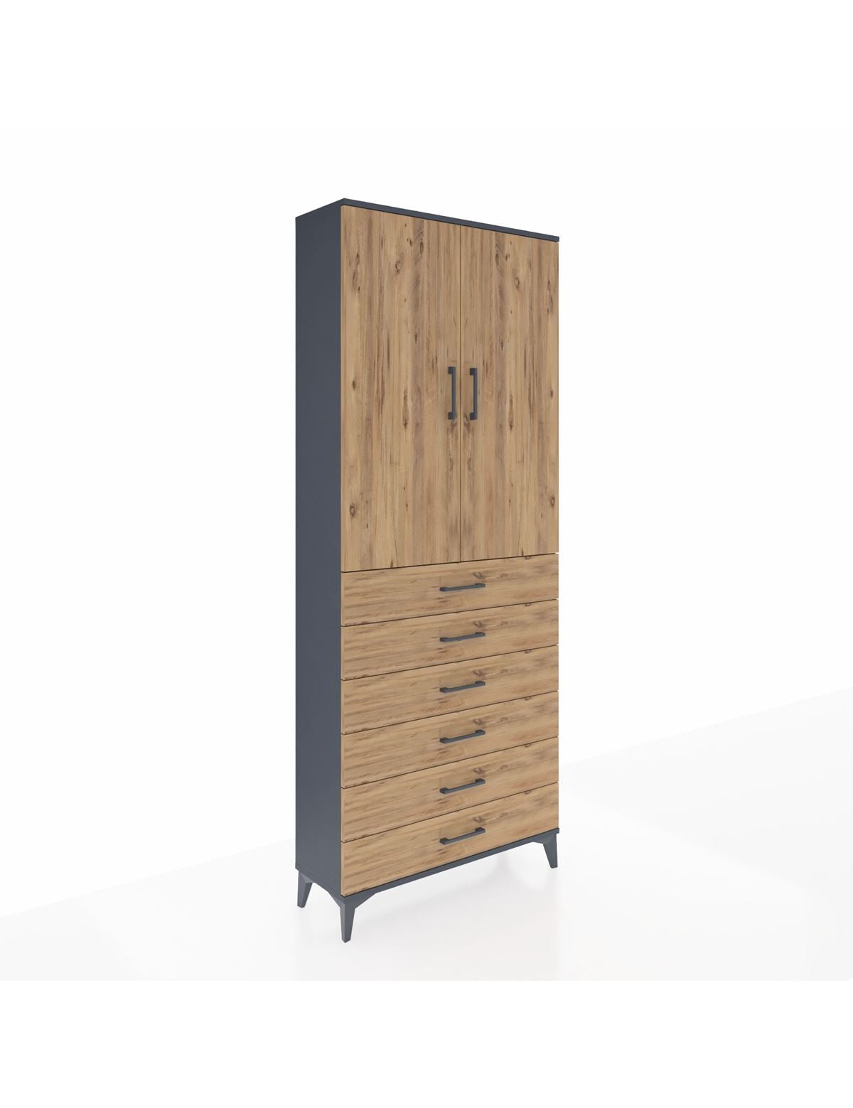 Arges Dolap 3 Raflı 6 Çekmeceli 2 Kapaklı 88x30x221 Antrasit-Çam