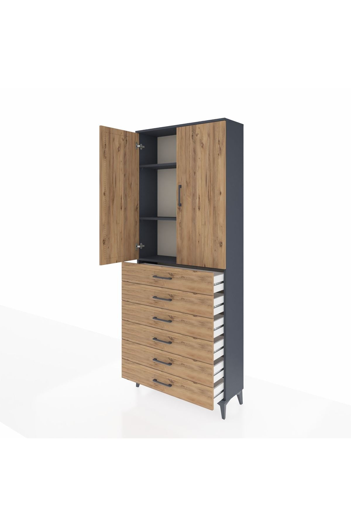 Arges Dolap 3 Raflı 6 Çekmeceli 2 Kapaklı 88x30x221 Antrasit-Çam