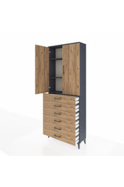 Arges Dolap 3 Raflı 6 Çekmeceli 2 Kapaklı 88x30x221 Antrasit-Çam