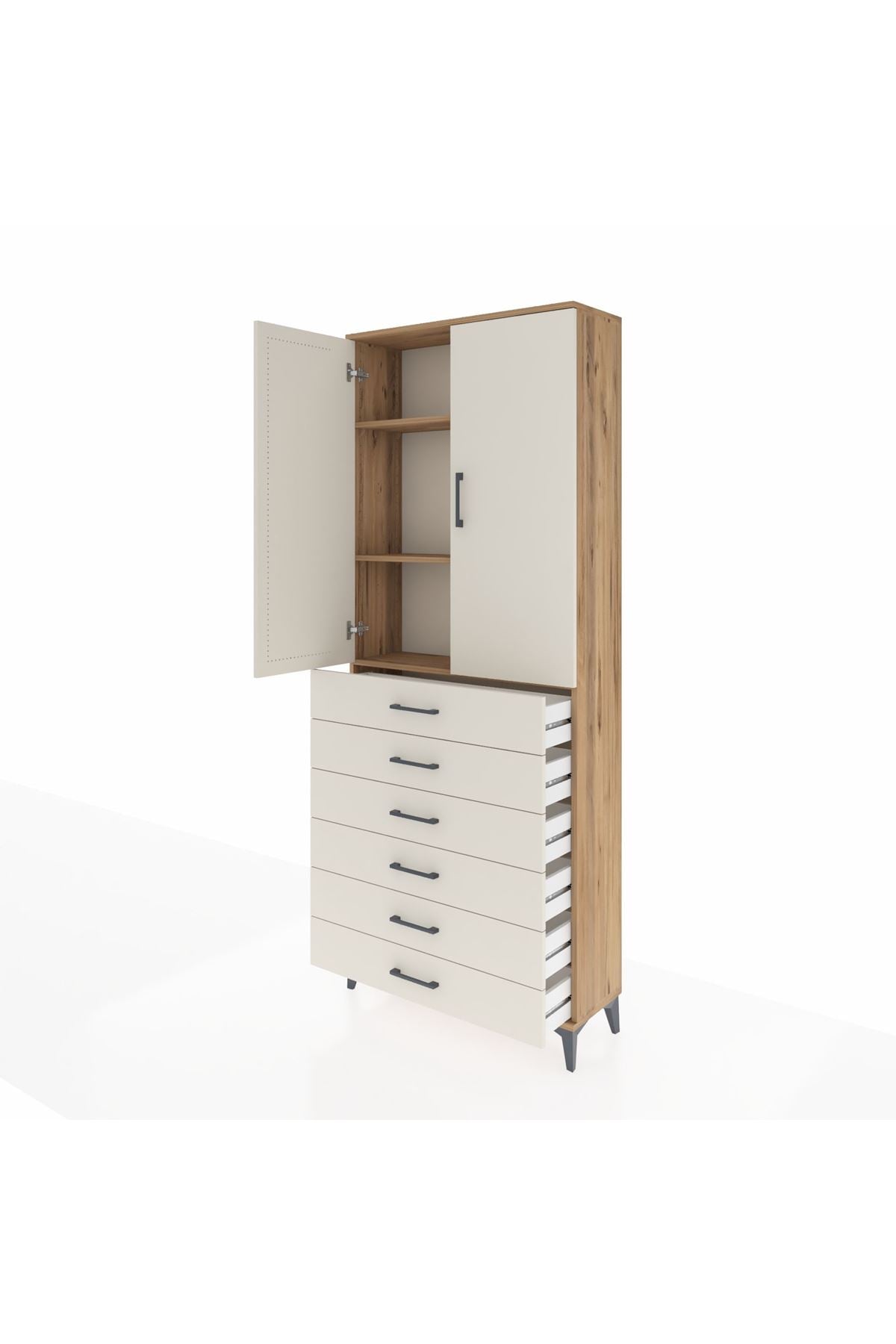 Arges Dolap 3 Raflı 6 Çekmeceli 2 Kapaklı 88x30x221 Çam-Aytaşı