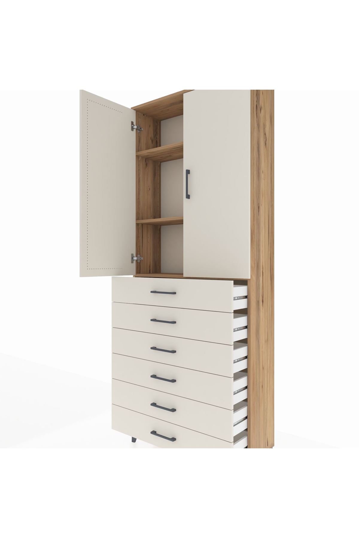 Arges Dolap 3 Raflı 6 Çekmeceli 2 Kapaklı 88x30x221 Çam-Aytaşı