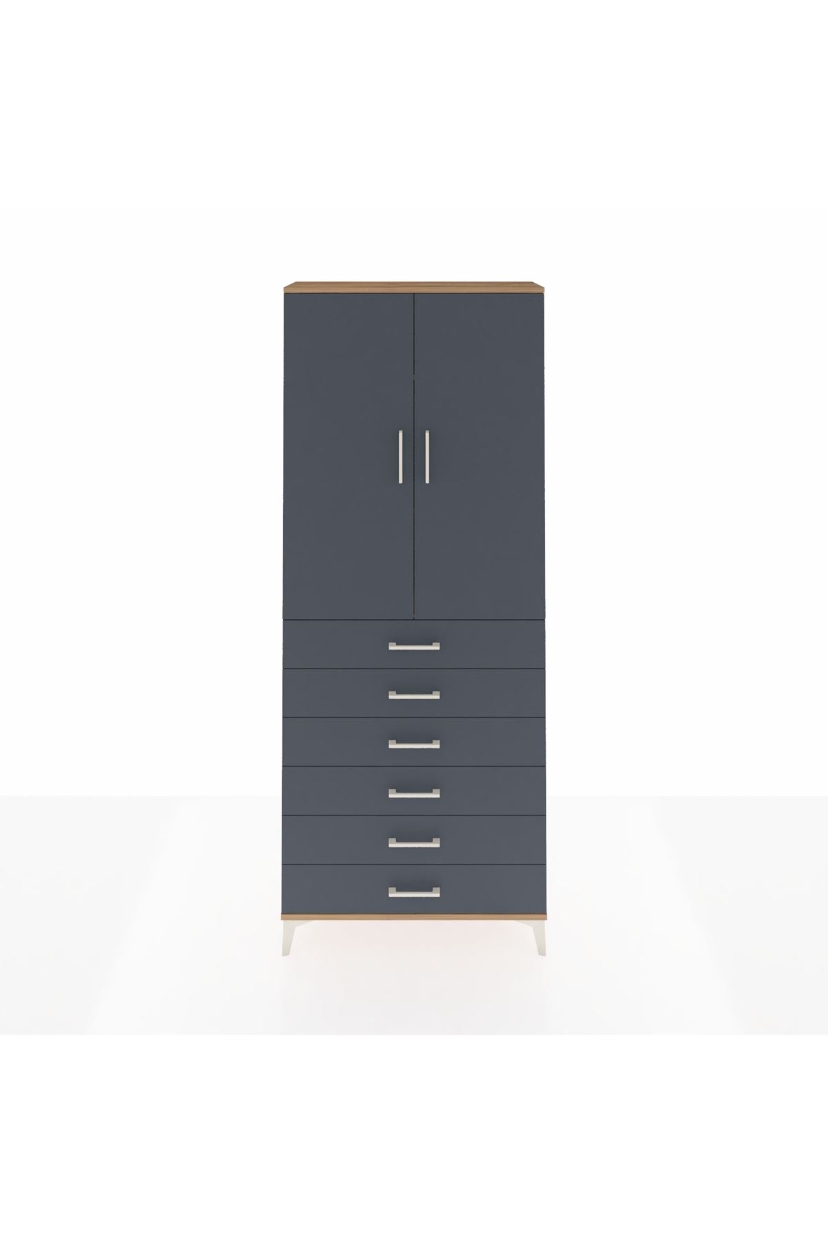 Arges Dolap 3 Raflı 6 Çekmeceli 2 Kapaklı 88x30x221 Çam-Antrasit