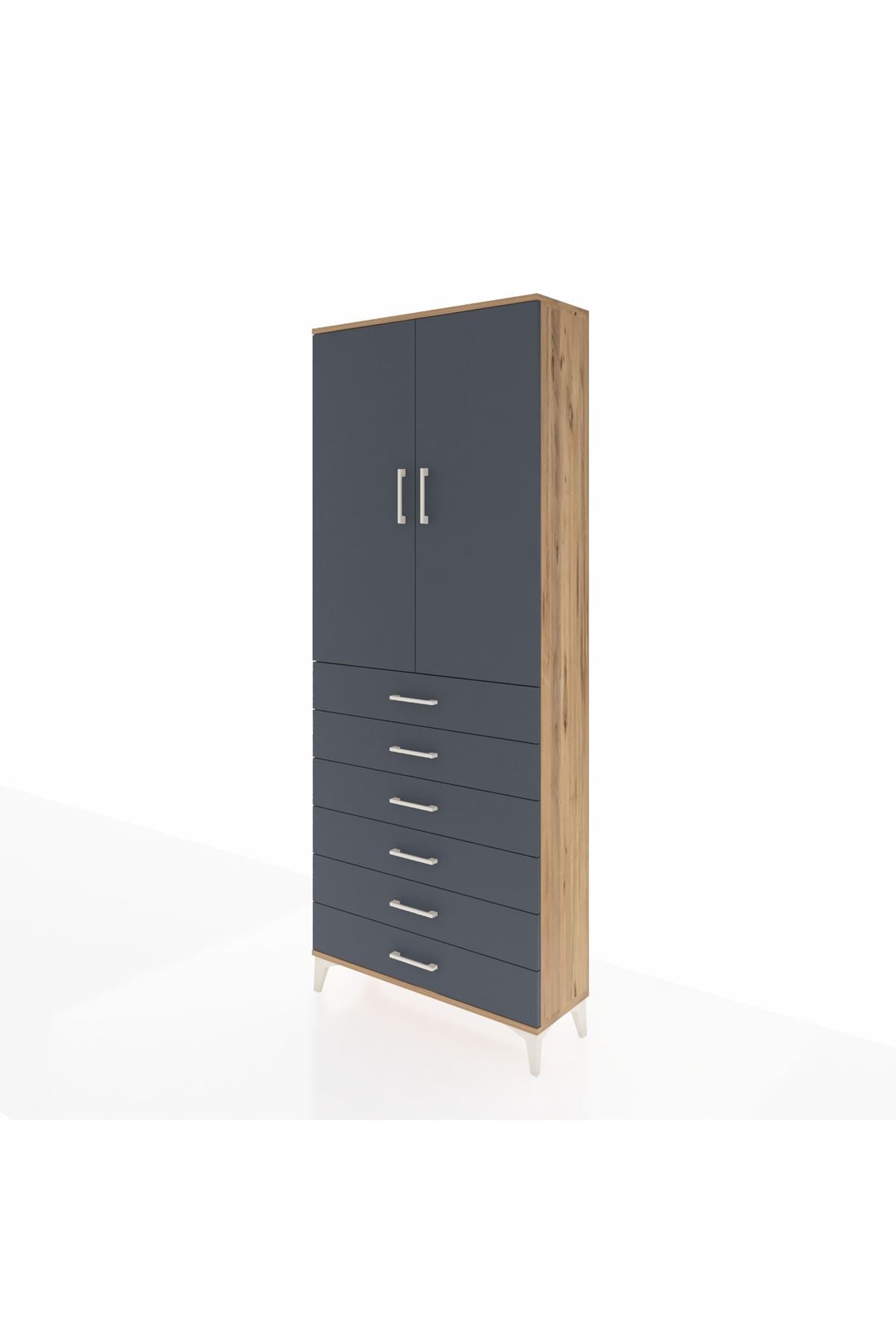 Arges Dolap 3 Raflı 6 Çekmeceli 2 Kapaklı 88x30x221 Çam-Antrasit