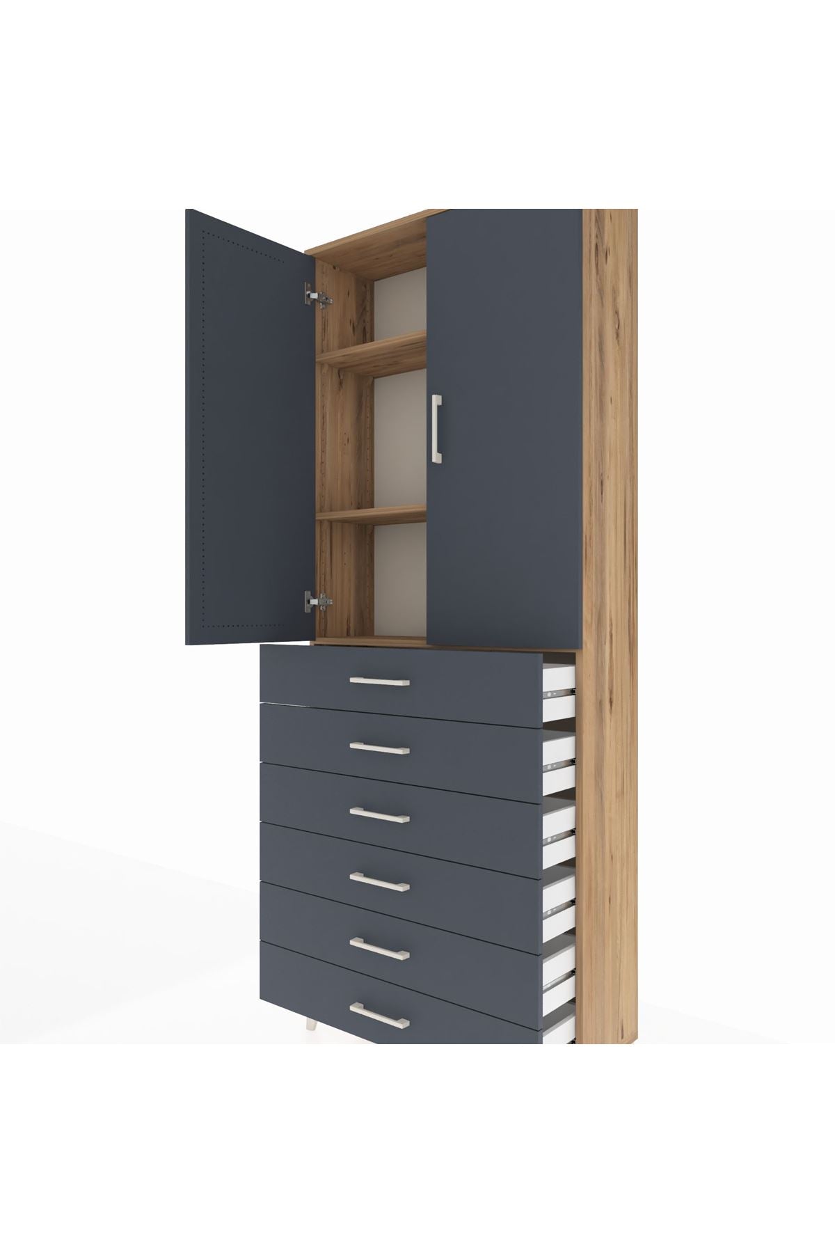 Arges Dolap 3 Raflı 6 Çekmeceli 2 Kapaklı 88x30x221 Çam-Antrasit