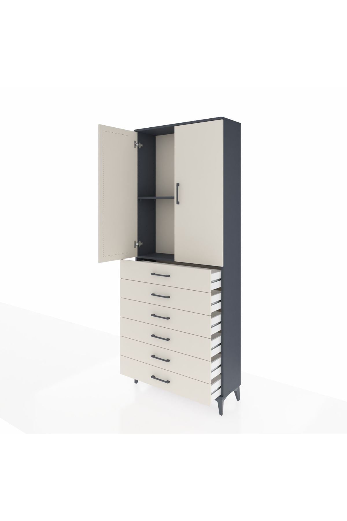 Arges Dolap 2 Raflı 6 Çekmeceli 2 Kapaklı 88x30x221 Antrasit-Aytaşı