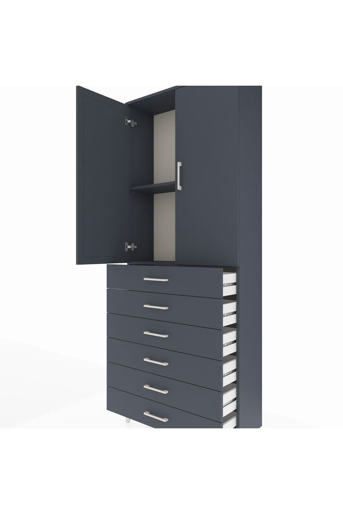 Arges Dolap 2 Raflı 6 Çekmeceli 2 Kapaklı 88x30x221 Antrasit-Antrasit