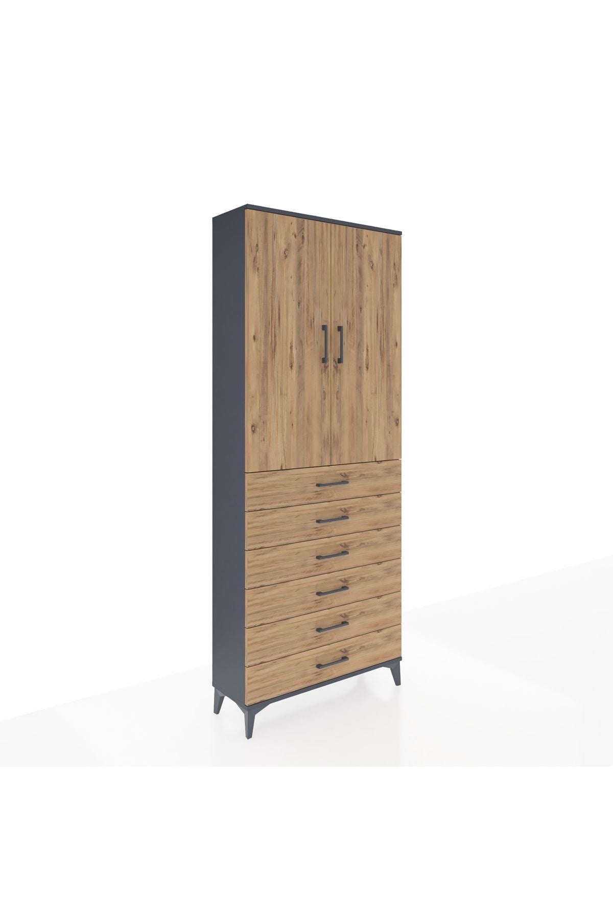 Arges Dolap 2 Raflı 6 Çekmeceli 2 Kapaklı 88x30x221 Antrasit-Çam