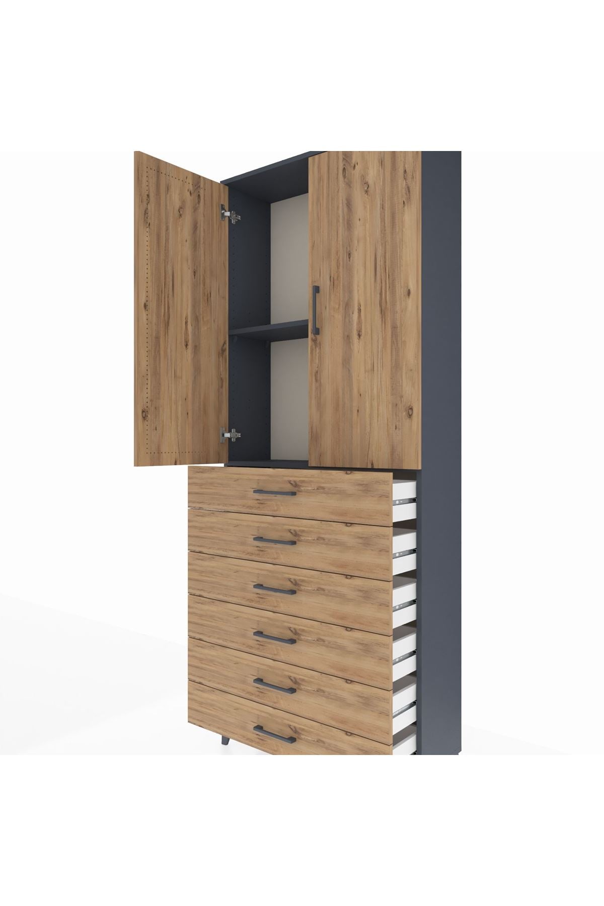 Arges Dolap 2 Raflı 6 Çekmeceli 2 Kapaklı 88x30x221 Antrasit-Çam