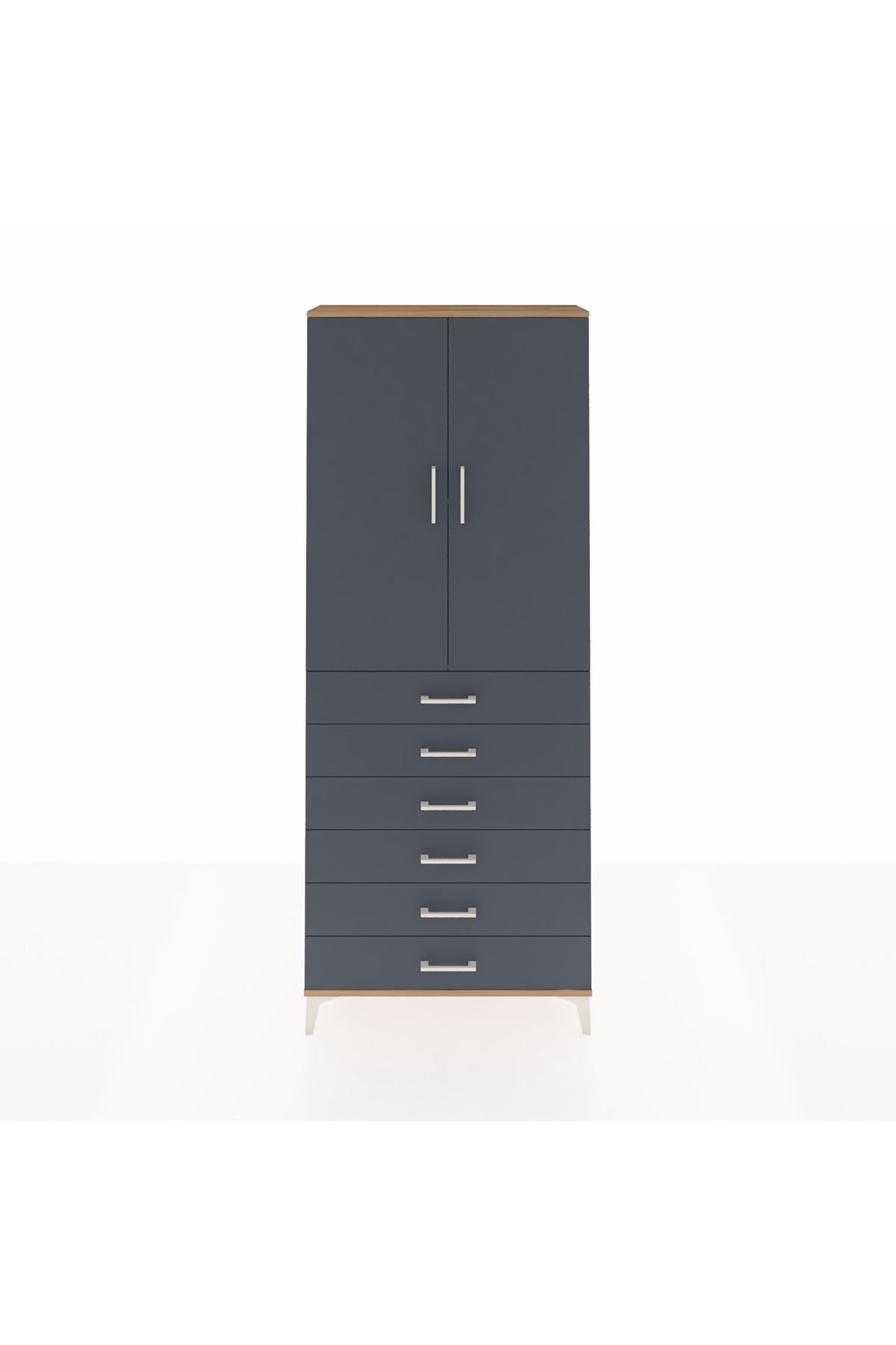 Arges Dolap 2 Raflı 6 Çekmeceli 2 Kapaklı 88x30x221 Çam-Antrasit