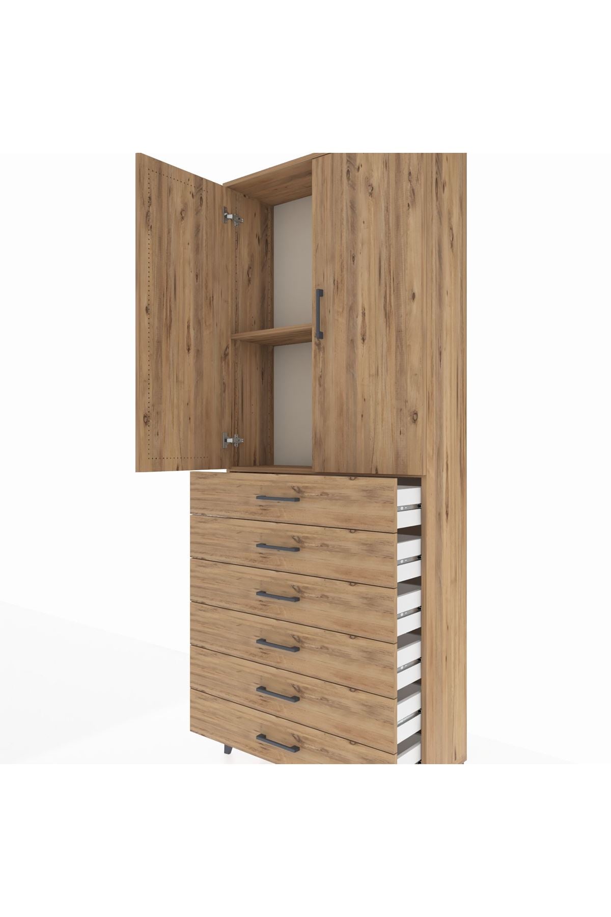 Arges Dolap 2 Raflı 6 Çekmeceli 2 Kapaklı 88x30x221 Çam-Çam