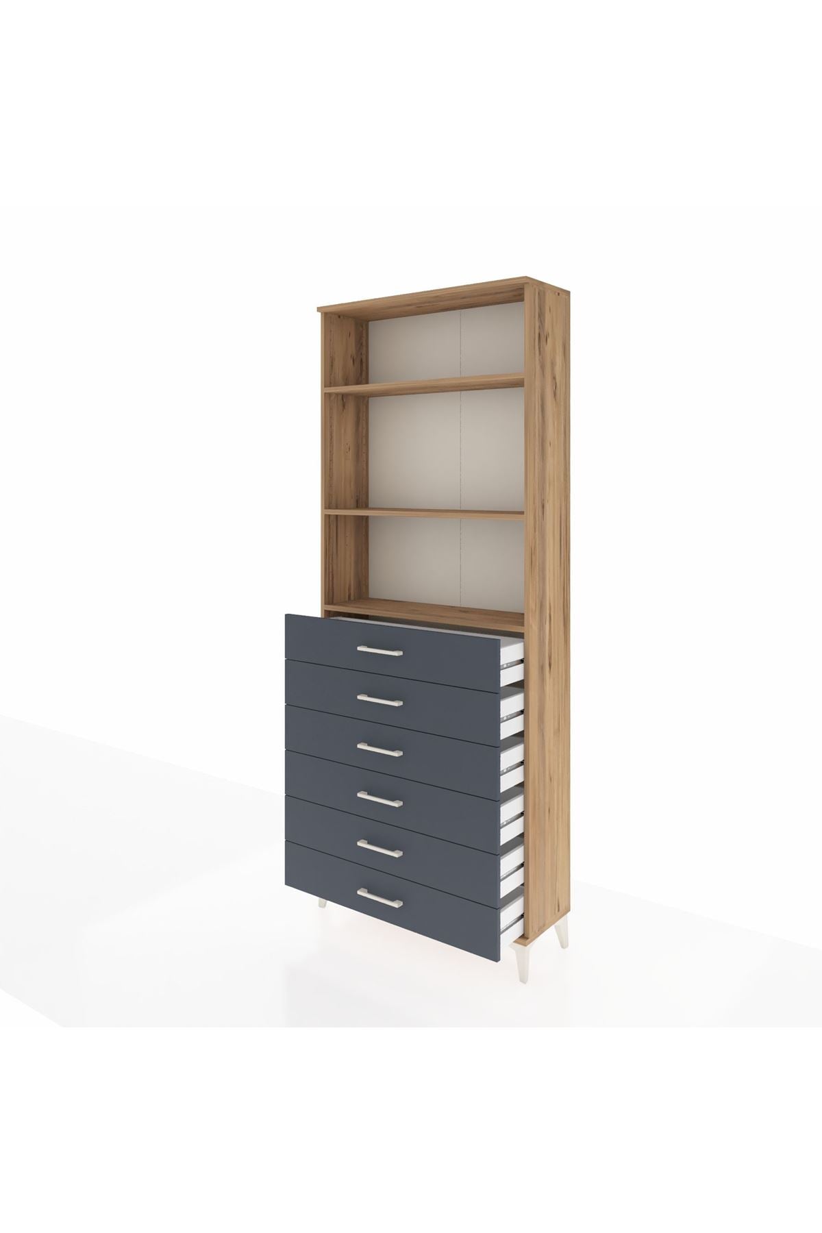 Arges Dolap 3 Raflı 6 Çekmeceli 88x30x221 Çam-Antrasit