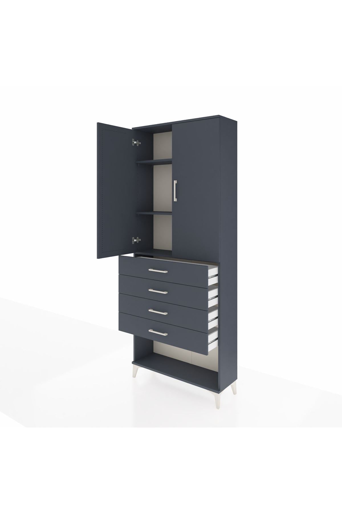 Arges Dolap 3 Raflı 4 Çekmeceli 2 Kapaklı 88x30x221 Antrasit-Antrasit