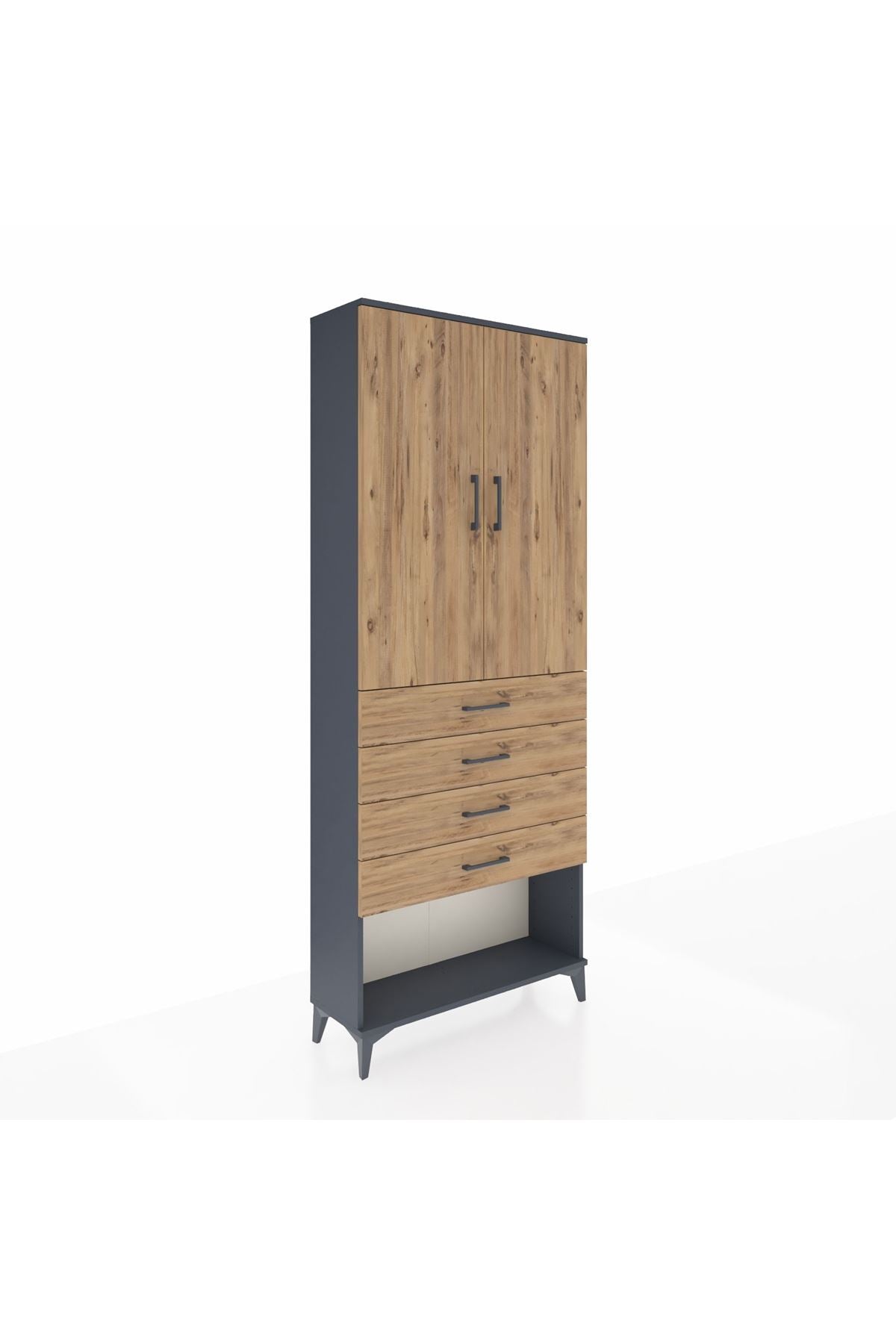 Arges Dolap 3 Raflı 4 Çekmeceli 2 Kapaklı 88x30x221 Antrasit-Çam