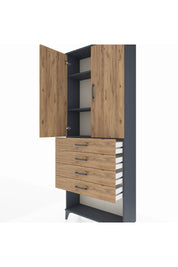 Arges Dolap 3 Raflı 4 Çekmeceli 2 Kapaklı 88x30x221 Antrasit-Çam