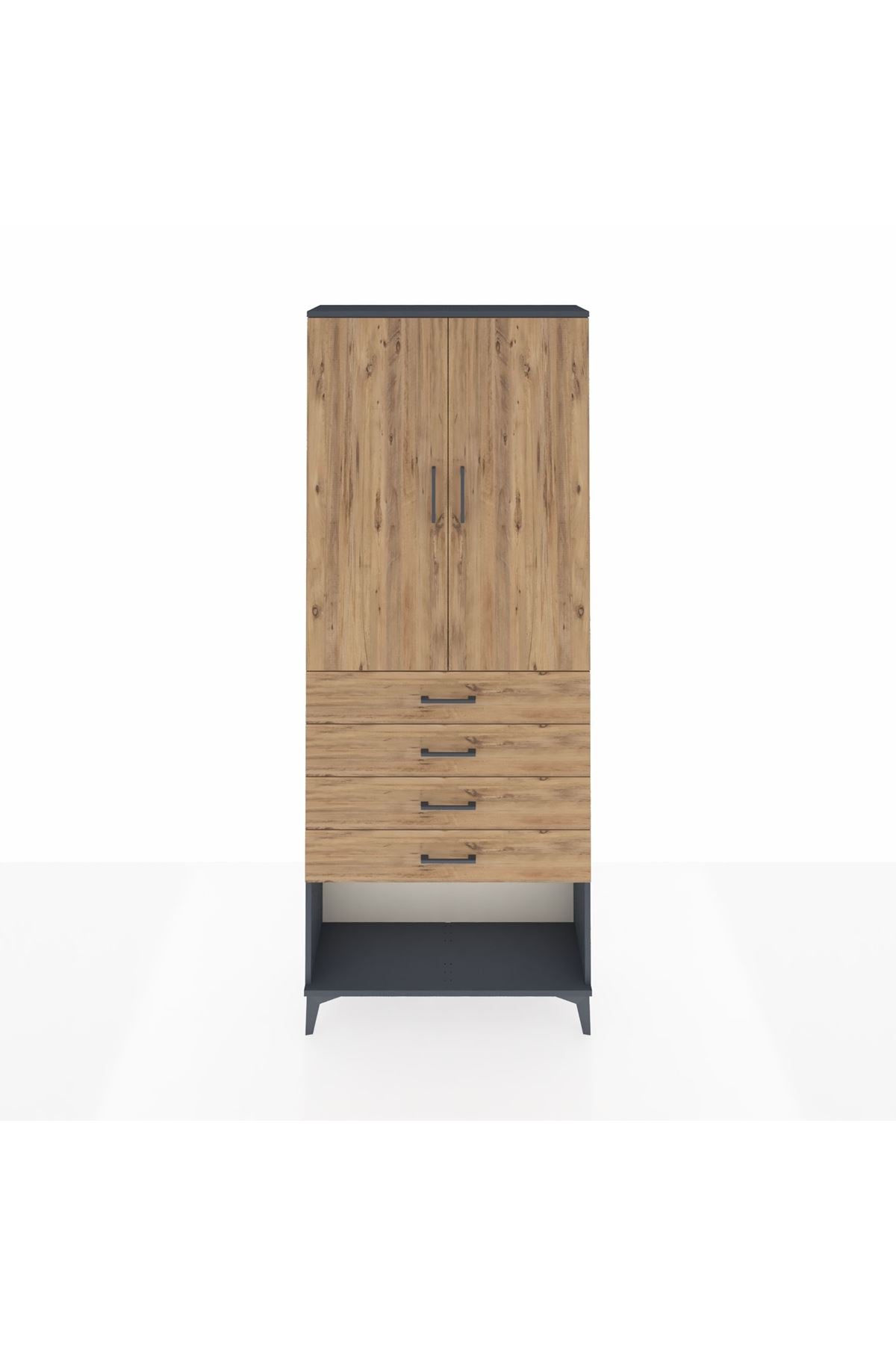 Arges Dolap 3 Raflı 4 Çekmeceli 2 Kapaklı 88x30x221 Antrasit-Çam