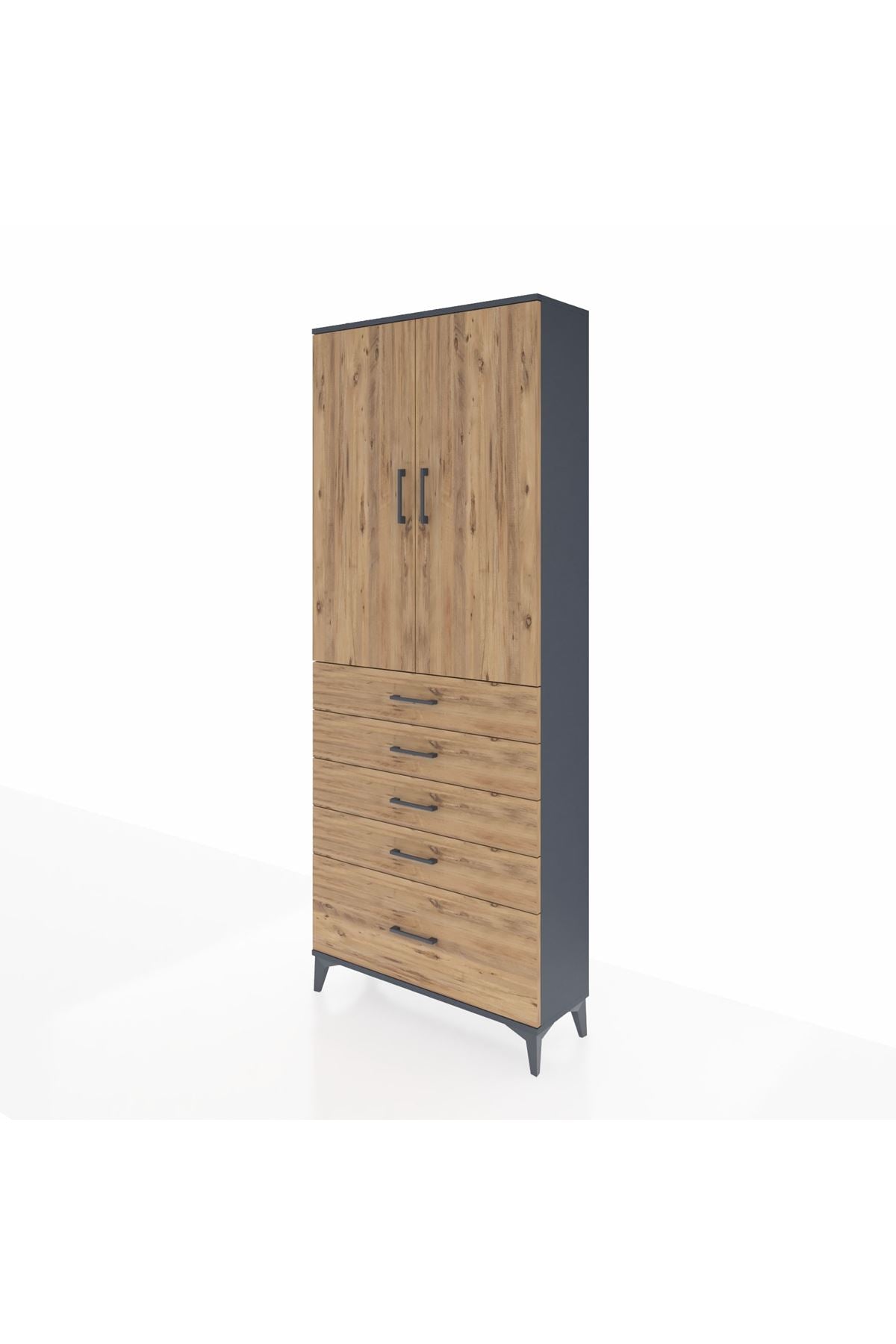 Arges Dolap 3 Raflı 5 Çekmeceli 2 Kapaklı 88x30x221 Antrasit-Çam