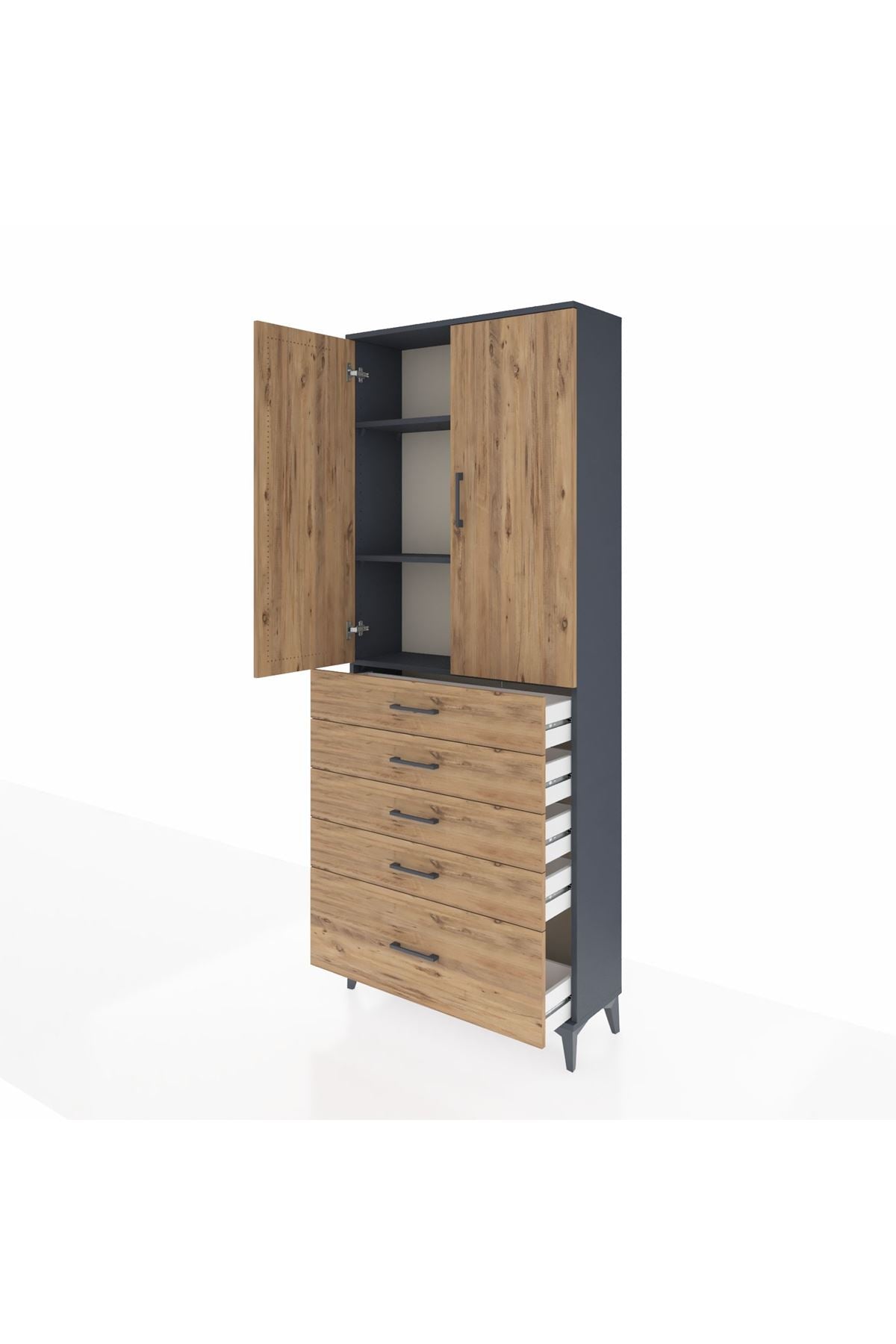 Arges Dolap 3 Raflı 5 Çekmeceli 2 Kapaklı 88x30x221 Antrasit-Çam