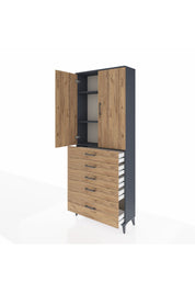 Arges Dolap 3 Raflı 5 Çekmeceli 2 Kapaklı 88x30x221 Antrasit-Çam