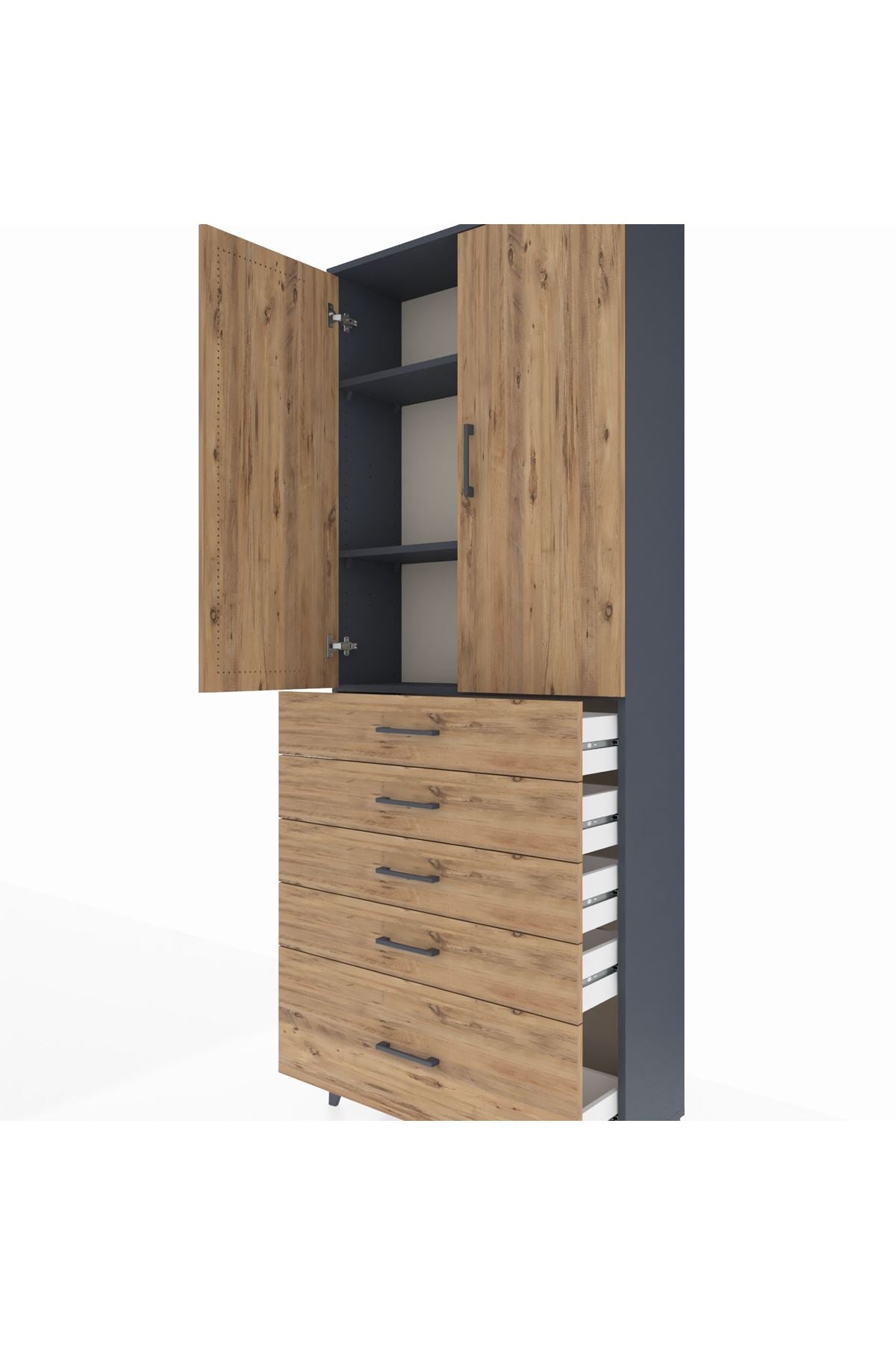 Arges Dolap 3 Raflı 5 Çekmeceli 2 Kapaklı 88x30x221 Antrasit-Çam