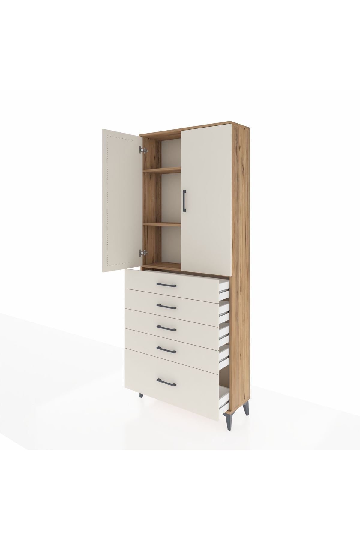 Arges Dolap 3 Raflı 5 Çekmeceli 2 Kapaklı 88x30x221 Çam-Aytaşı