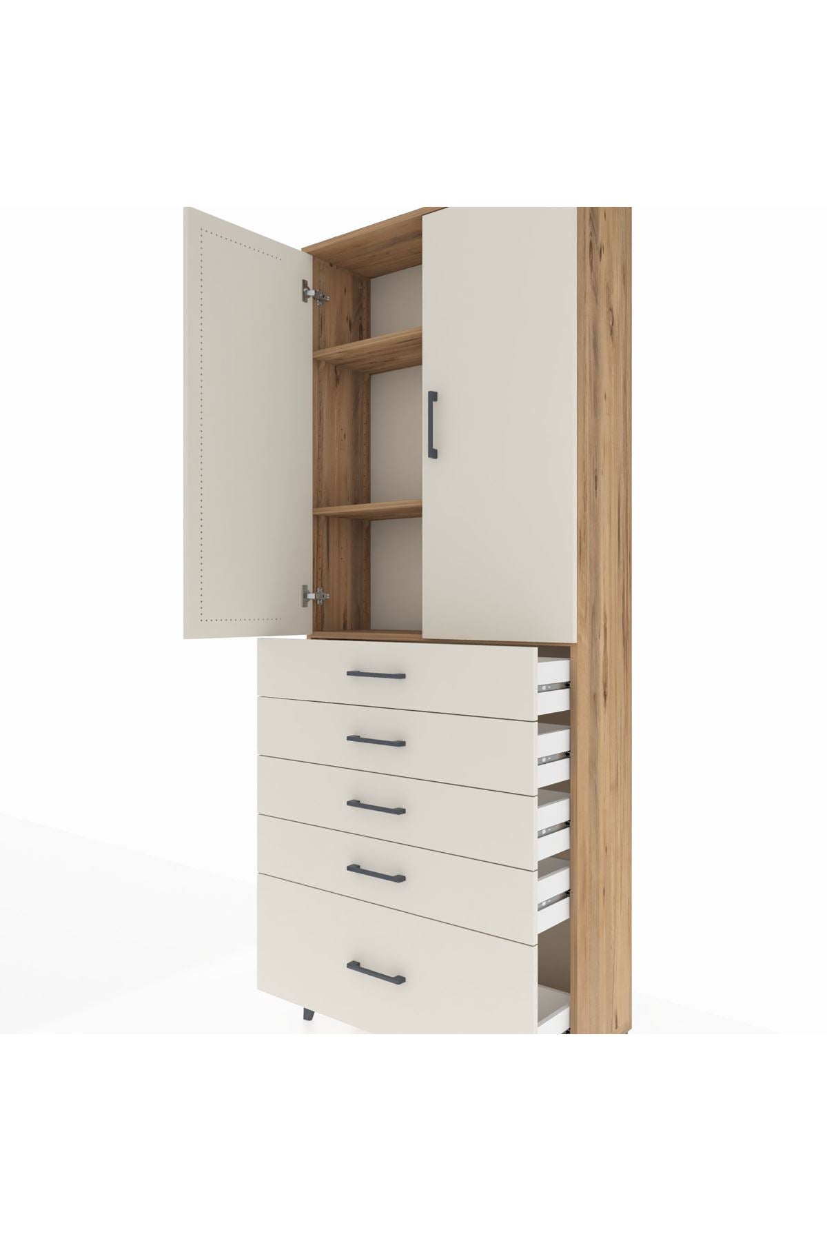 Arges Dolap 3 Raflı 5 Çekmeceli 2 Kapaklı 88x30x221 Çam-Aytaşı