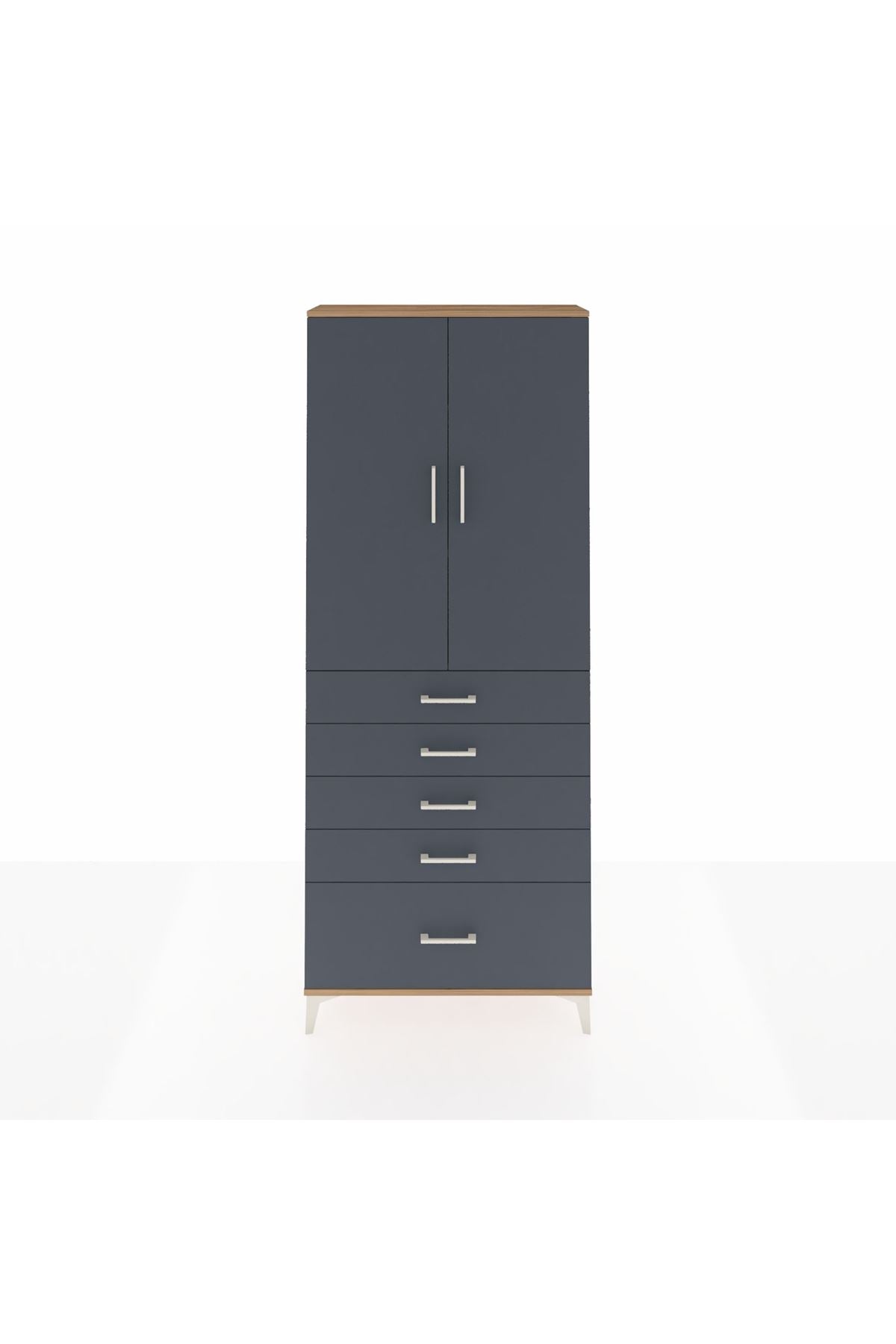 Arges Dolap 3 Raflı 5 Çekmeceli 2 Kapaklı 88x30x221 Çam-Antrasit