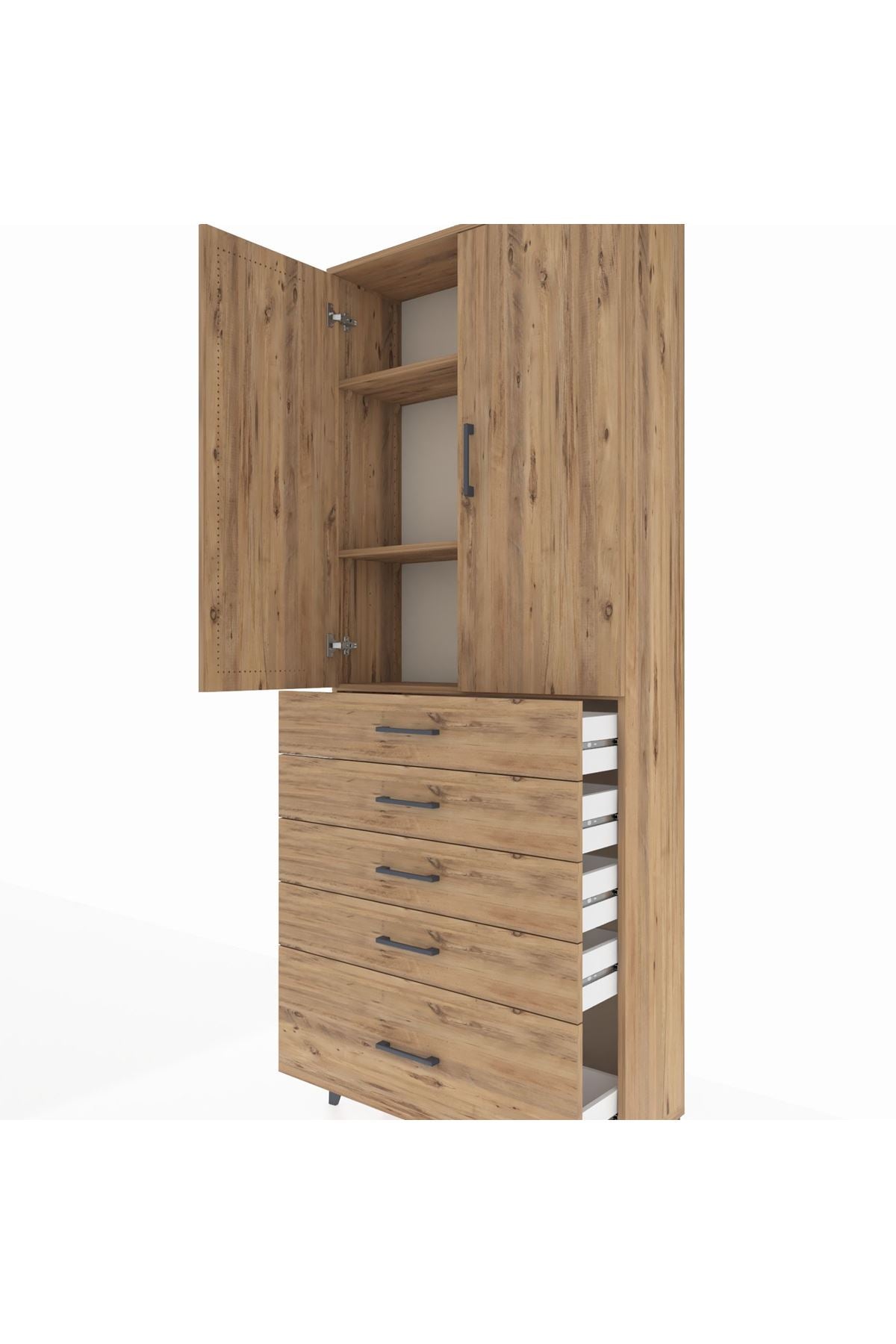 Arges Dolap 3 Raflı 5 Çekmeceli 2 Kapaklı 88x30x221 Çam-Çam