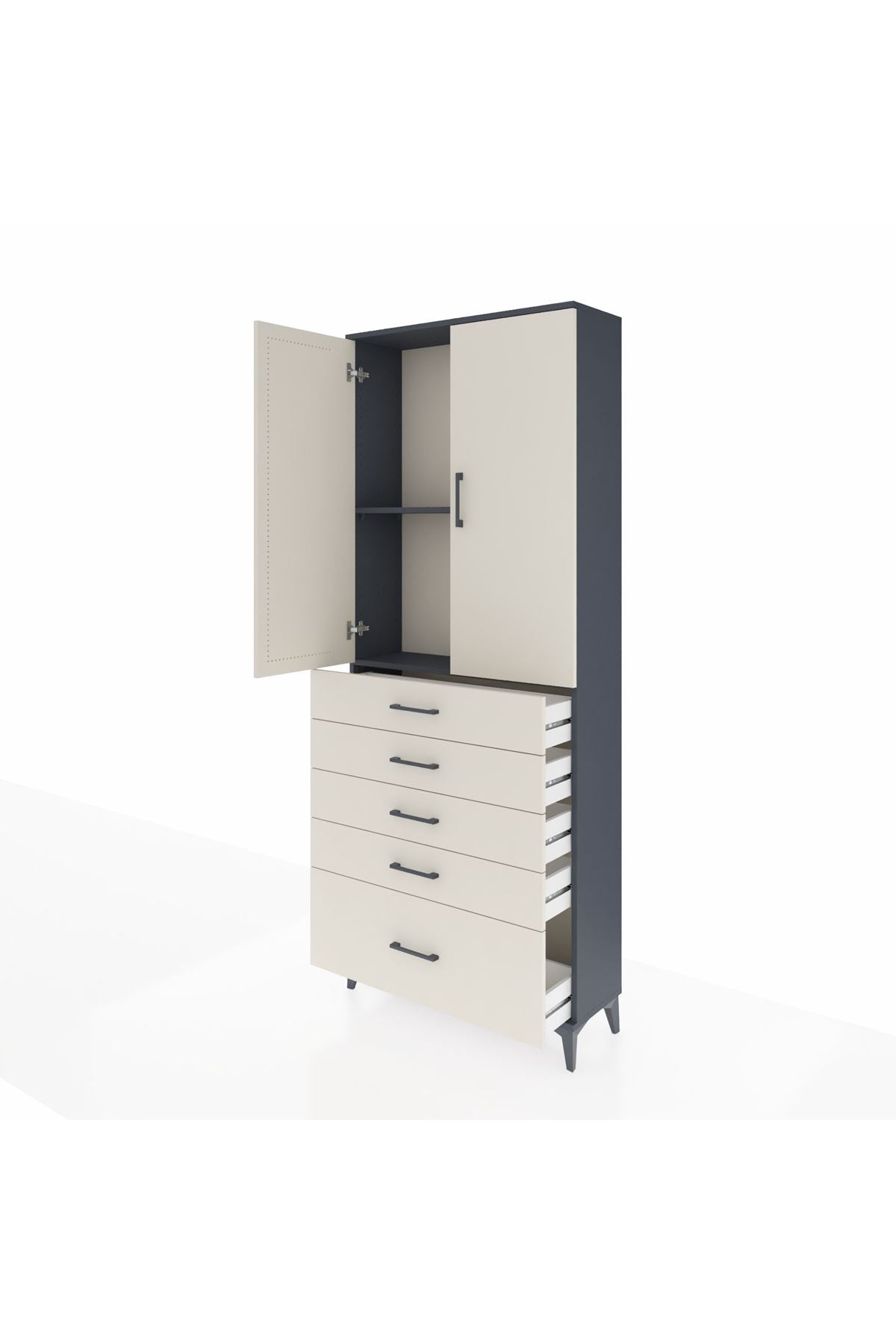 Arges Dolap 2 Raflı 5 Çekmeceli 2 Kapaklı 88x30x221 Antrasit-Aytaşı