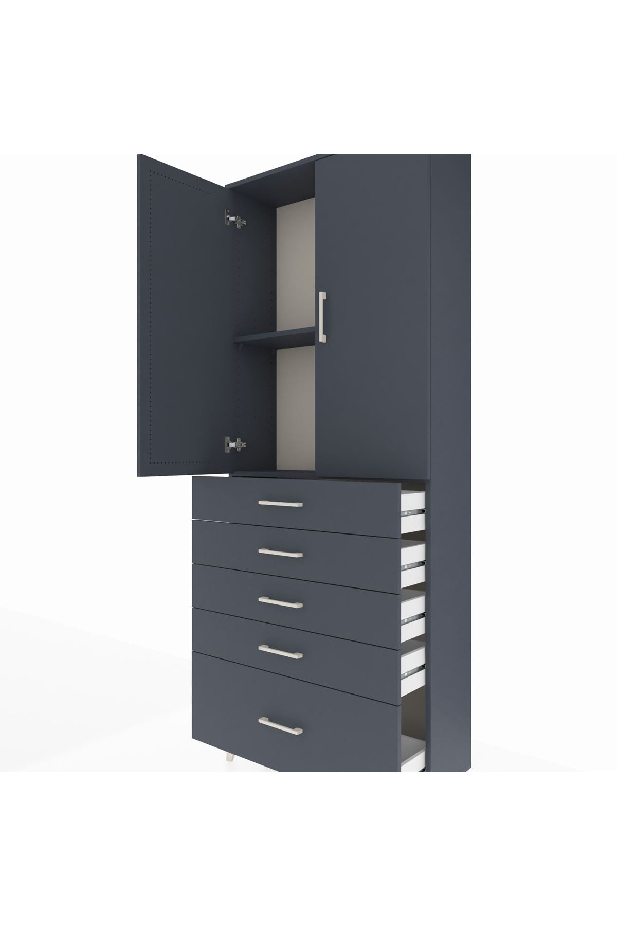 Arges Dolap 2 Raflı 5 Çekmeceli 2 Kapaklı 88x30x221 Antrasit-Antrasit