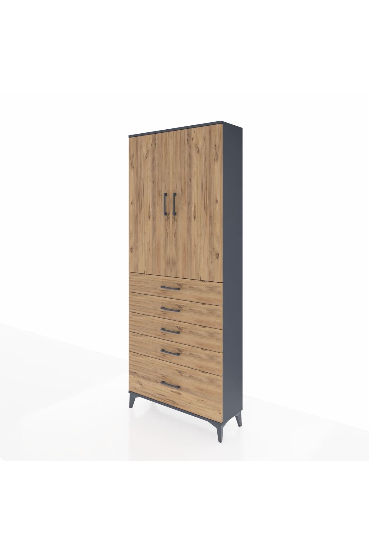 Arges Dolap 2 Raflı 5 Çekmeceli 2 Kapaklı 88x30x221 Antrasit-Çam