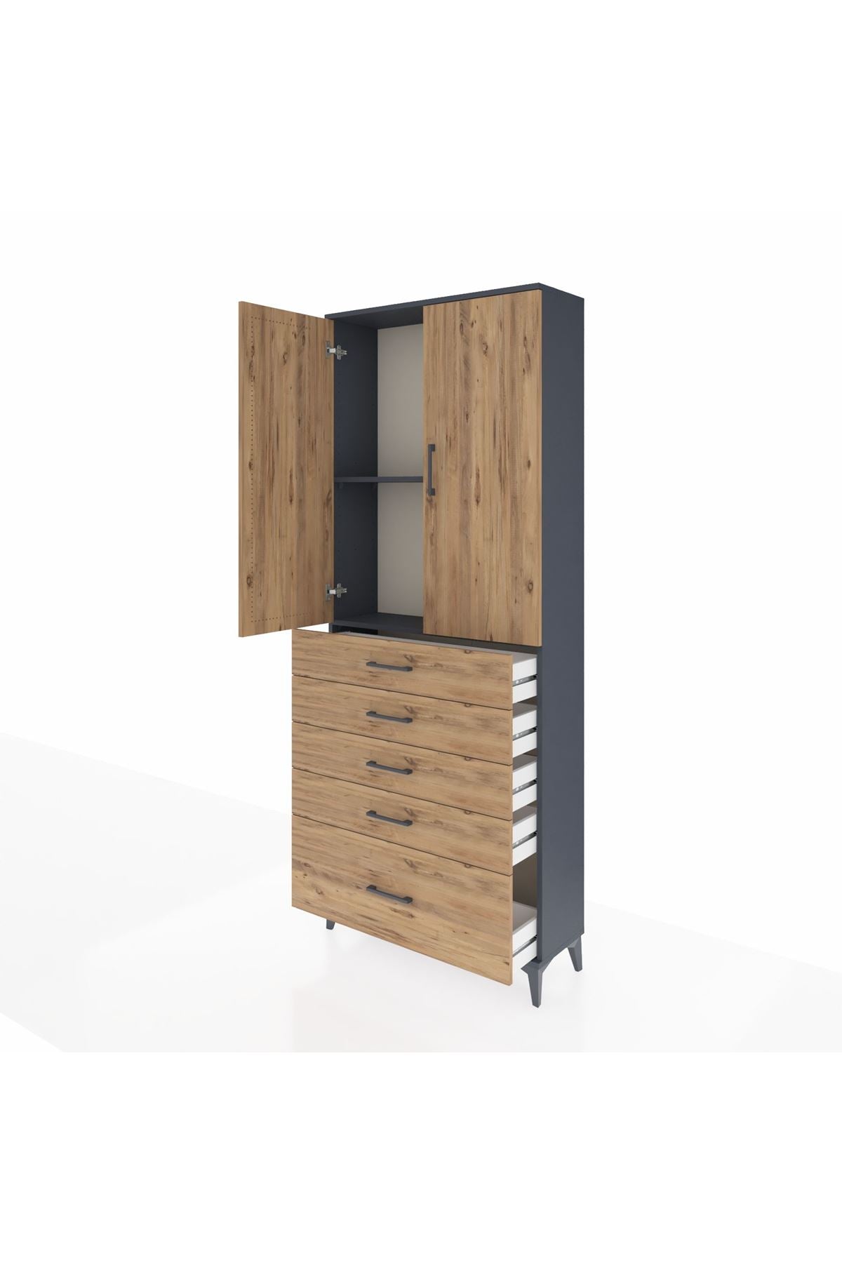 Arges Dolap 2 Raflı 5 Çekmeceli 2 Kapaklı 88x30x221 Antrasit-Çam