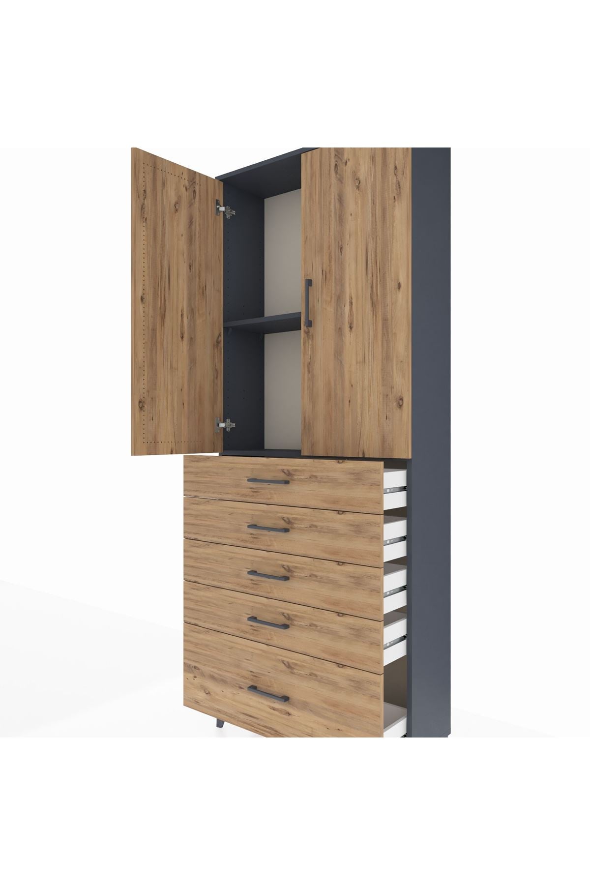 Arges Dolap 2 Raflı 5 Çekmeceli 2 Kapaklı 88x30x221 Antrasit-Çam