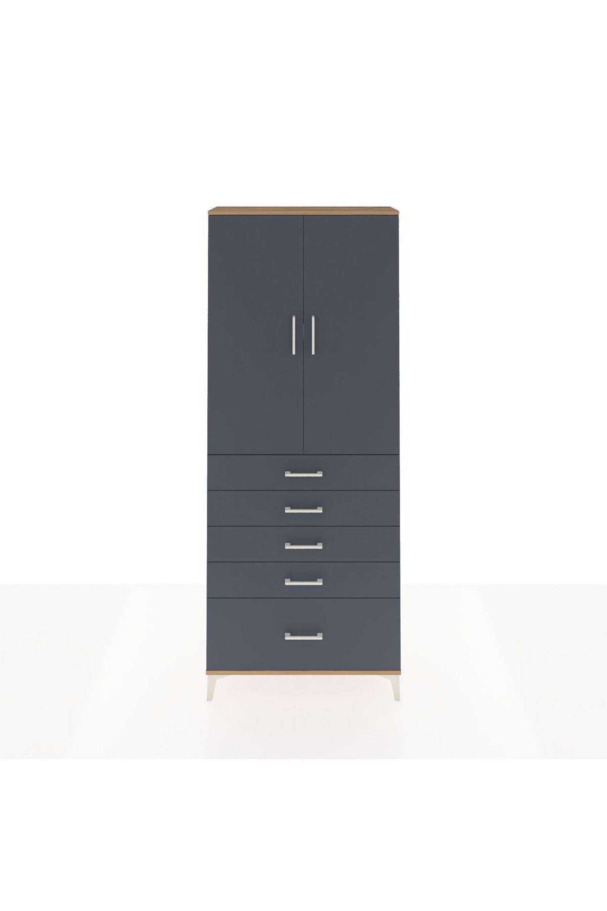 Arges Dolap 2 Raflı 5 Çekmeceli 2 Kapaklı 88x30x221 Çam-Antrasit