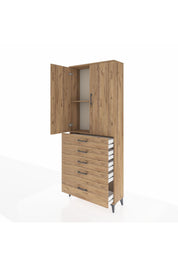 Arges Dolap 2 Raflı 5 Çekmeceli 2 Kapaklı 88x30x221 Çam-Çam