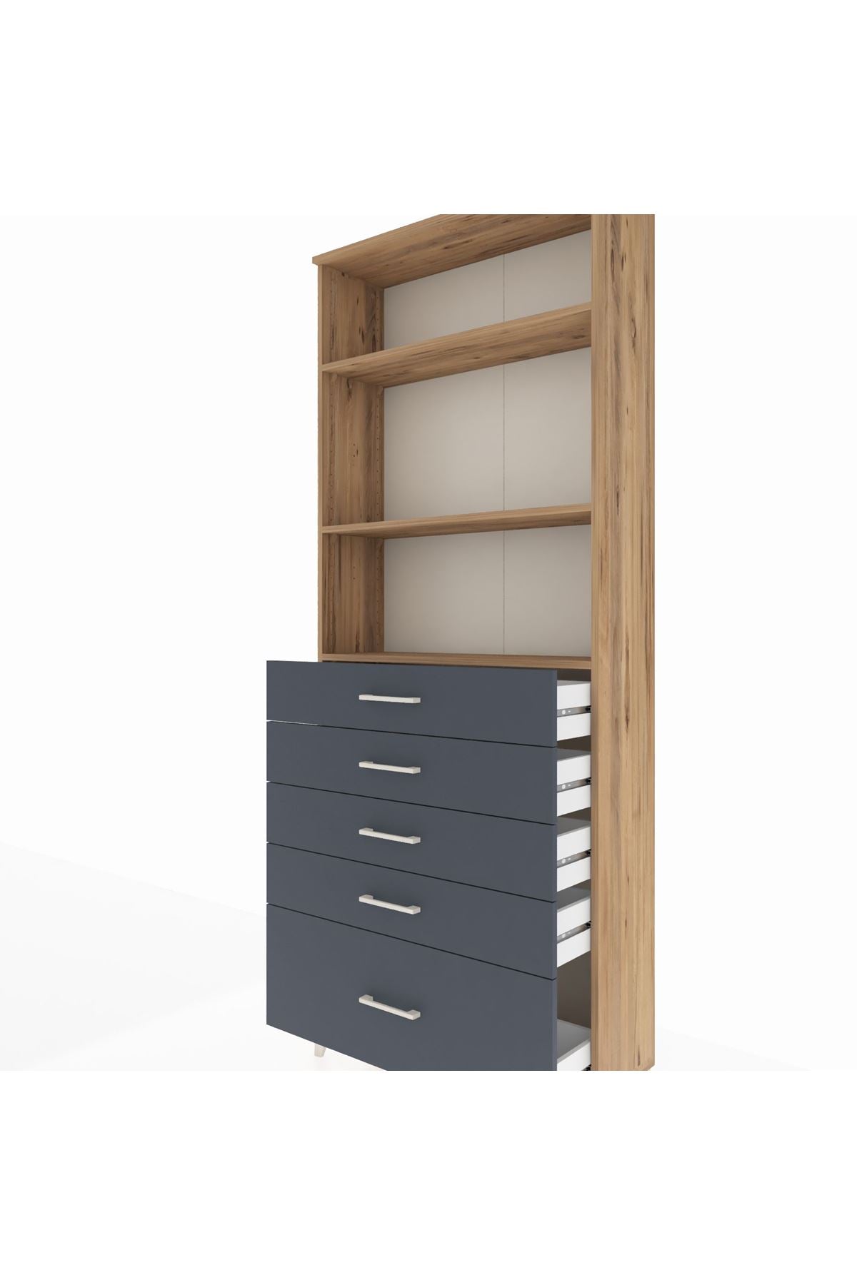 Arges Dolap 3 Raflı 5 Çekmeceli 88x30x221 Çam-Antrasit