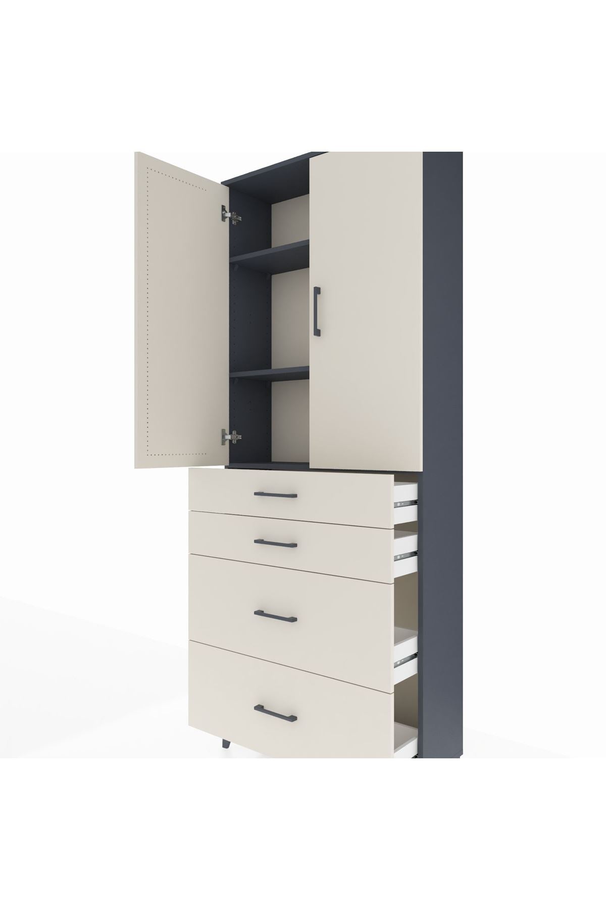 Arges Dolap 3 Raflı 4 Çekmeceli 2 Kapaklı 88x30x221 Antrasit-Aytaşı