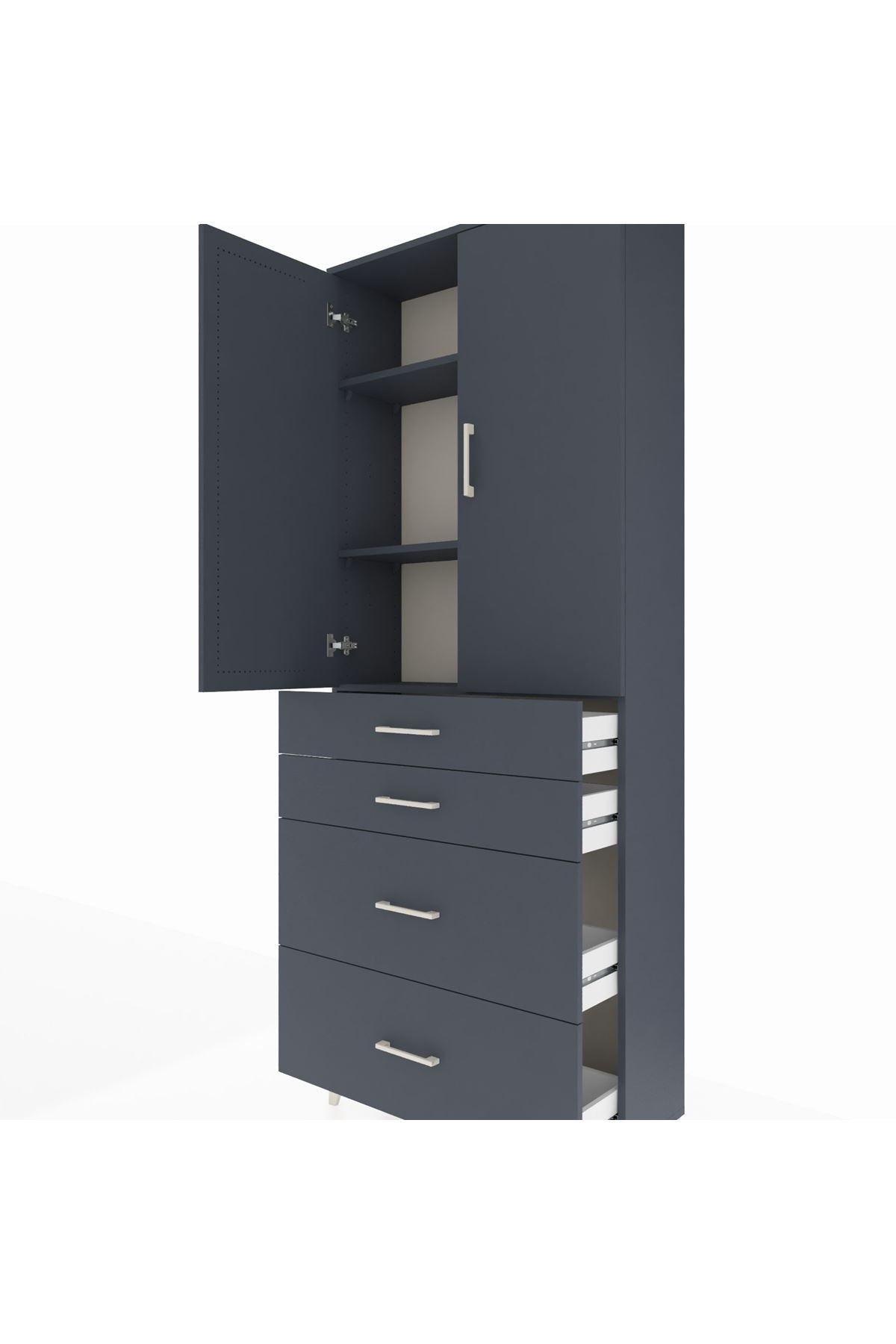 Arges Dolap 3 Raflı 4 Çekmeceli 2 Kapaklı 88x30x221 Antrasit-Antrasit