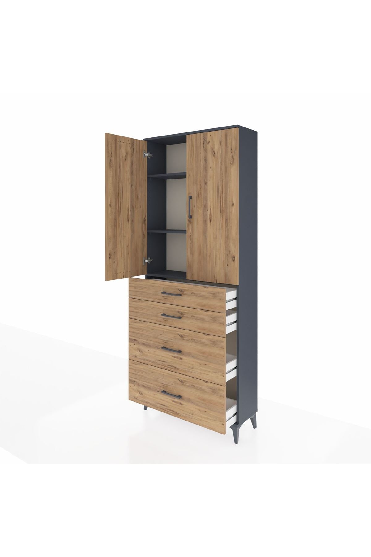 Arges Dolap 3 Raflı 4 Çekmeceli 2 Kapaklı 88x30x221 Antrasit-Çam