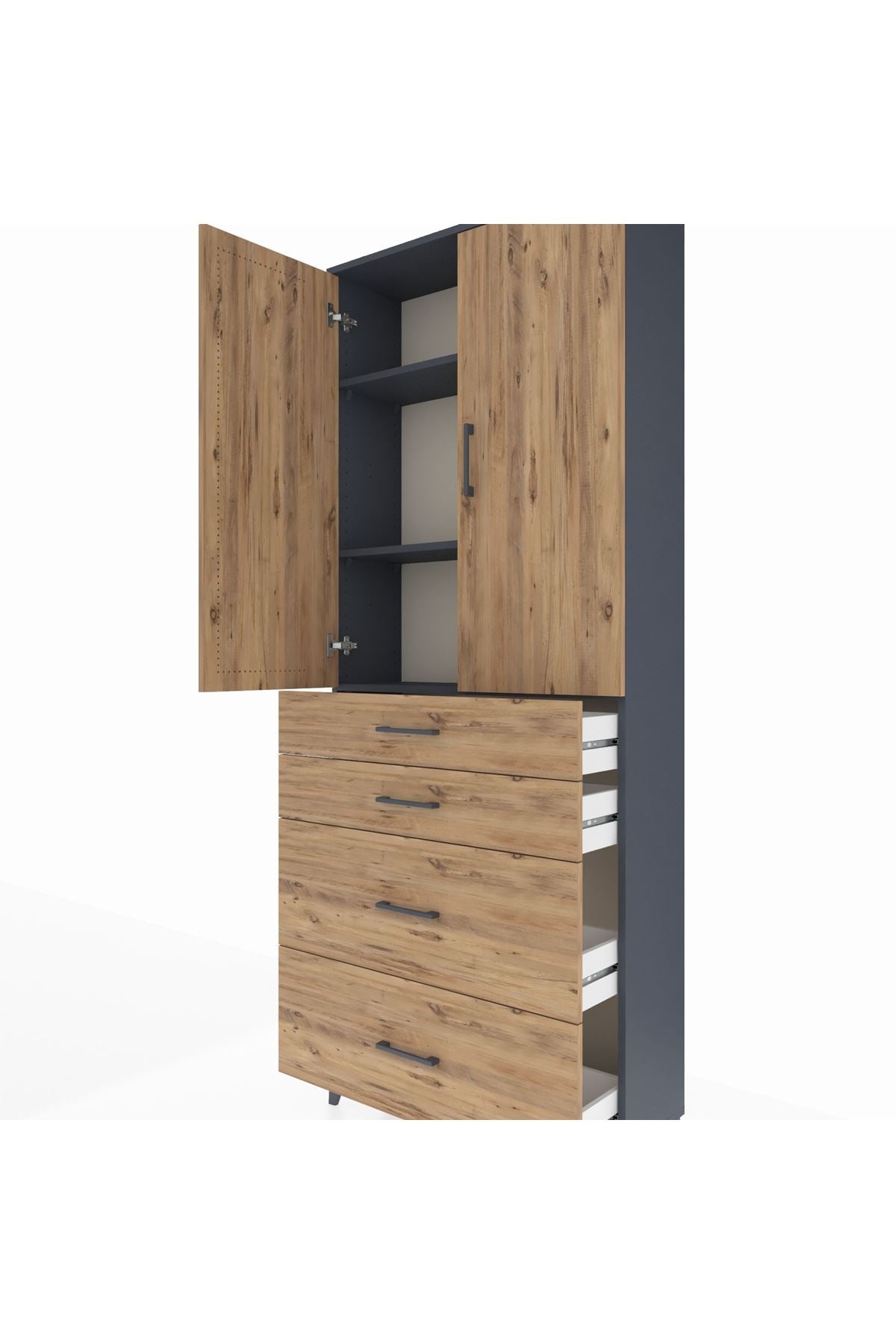 Arges Dolap 3 Raflı 4 Çekmeceli 2 Kapaklı 88x30x221 Antrasit-Çam