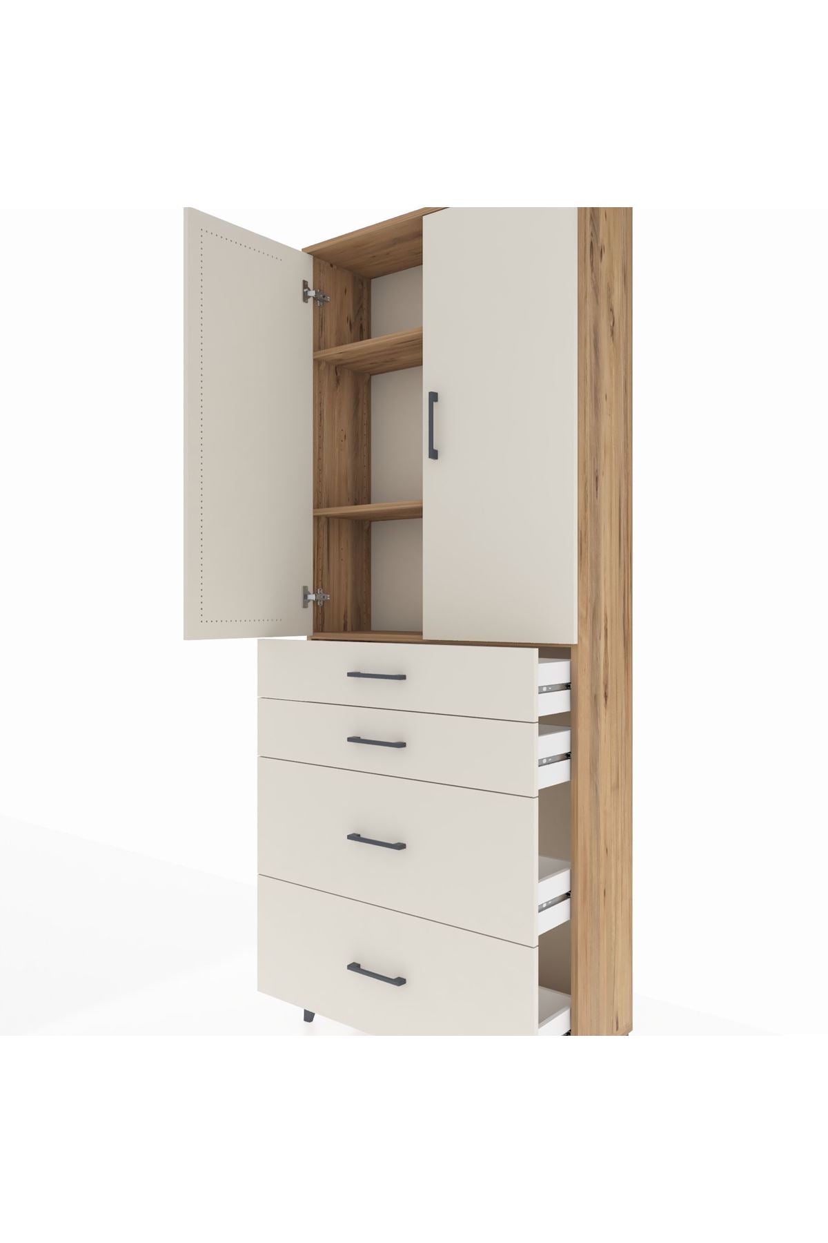 Arges Dolap 3 Raflı 4 Çekmeceli 2 Kapaklı 88x30x221 Çam-Aytaşı