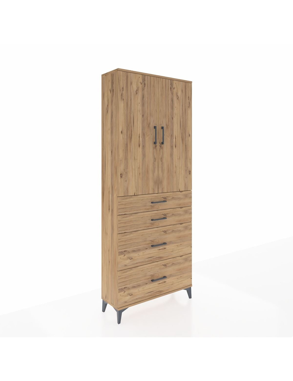 Arges Dolap 3 Raflı 4 Çekmeceli 2 Kapaklı 88x30x221 Çam-Çam